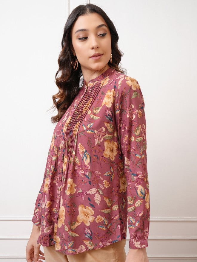 Vishudh Women Brown Printed Shirt Style Top - Brown - Image 4