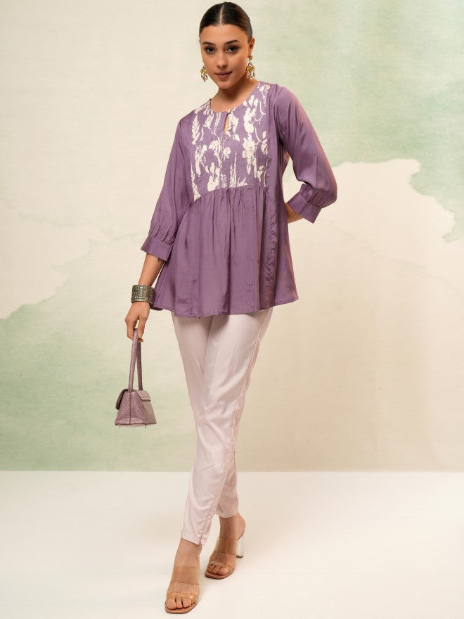 Vishudh Women Purple Self Design Top - Purple - Image 2