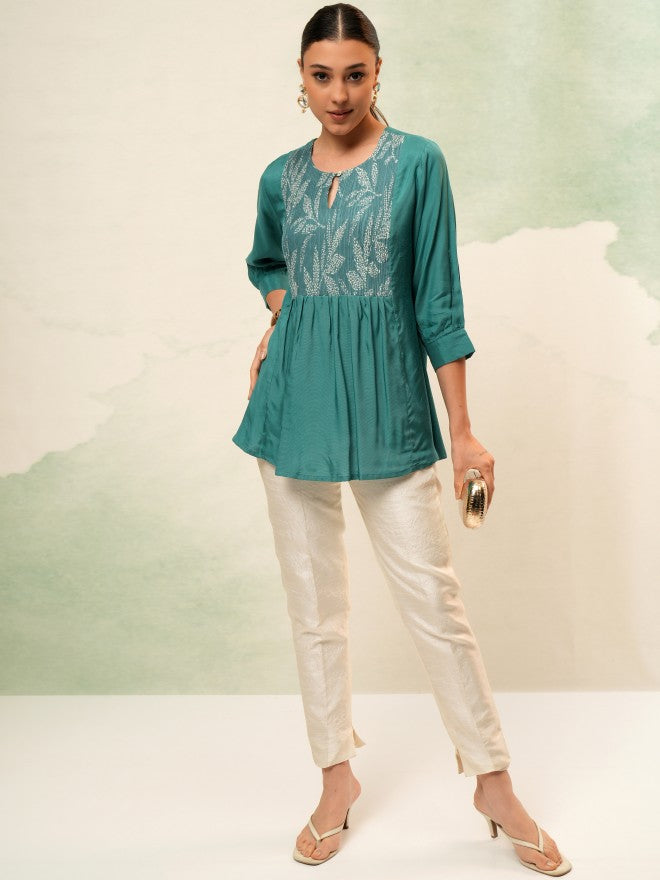 Vishudh Women Blue Self Design Top - Green - Image 2