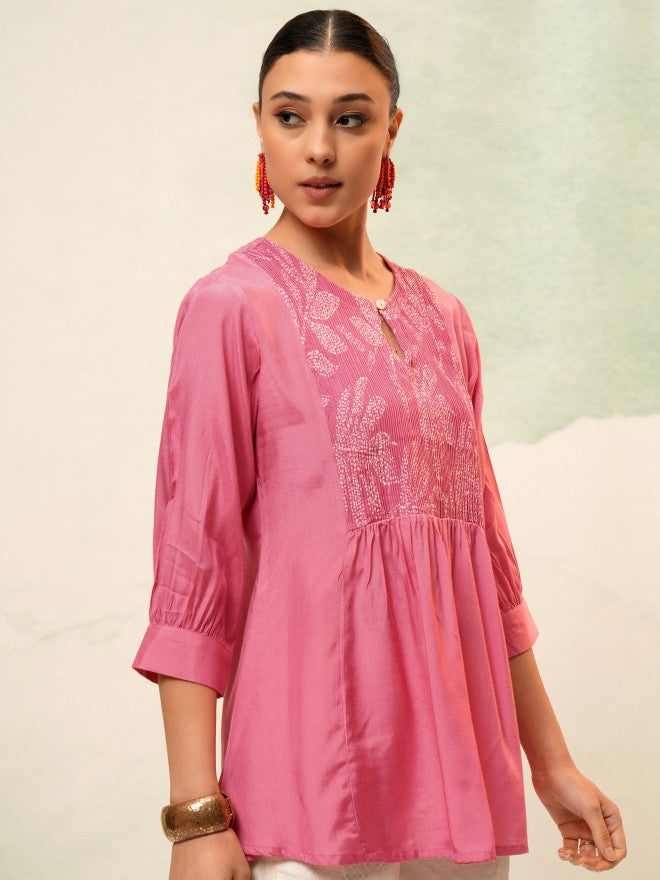 Vishudh Women Pink Self Design Top - Pink - Image 6