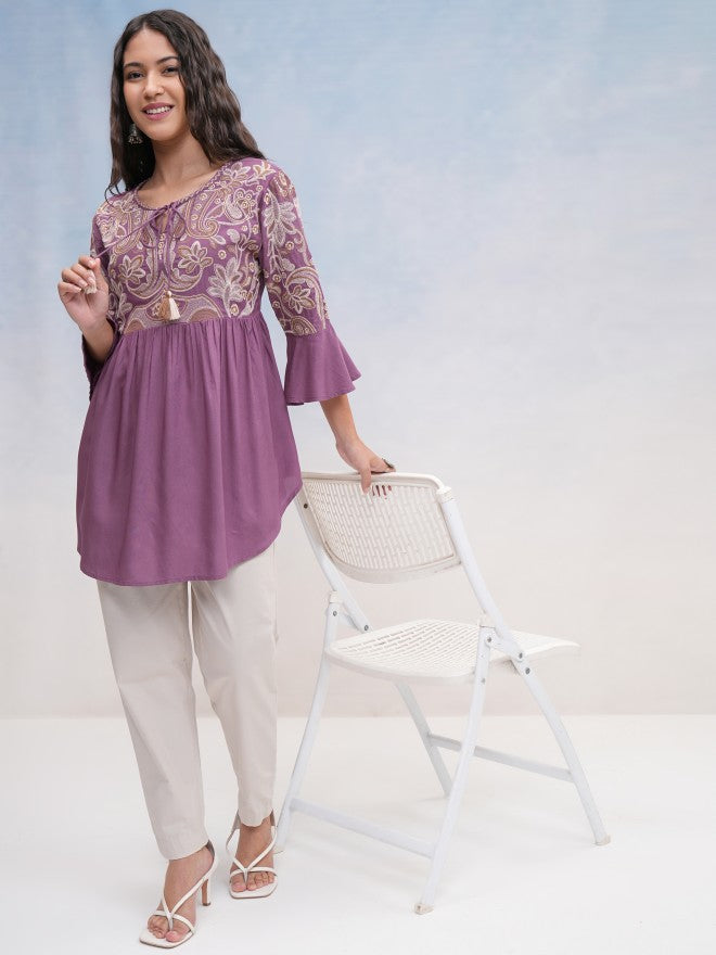 Vishudh Women Mauve Embroidered Top - Mauve - Image 2