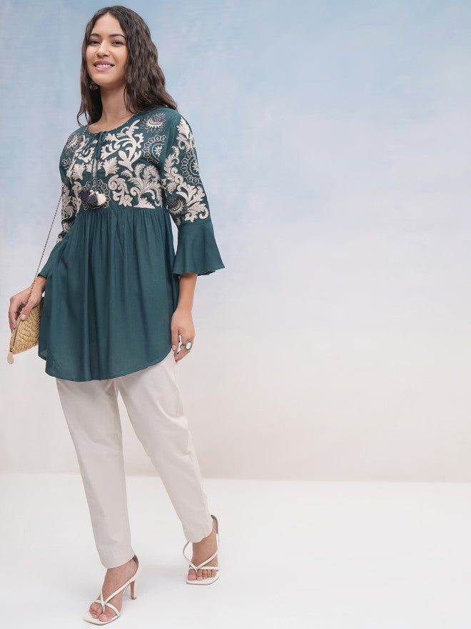Vishudh Women Teal Embroidered Top - Teal - Image 2