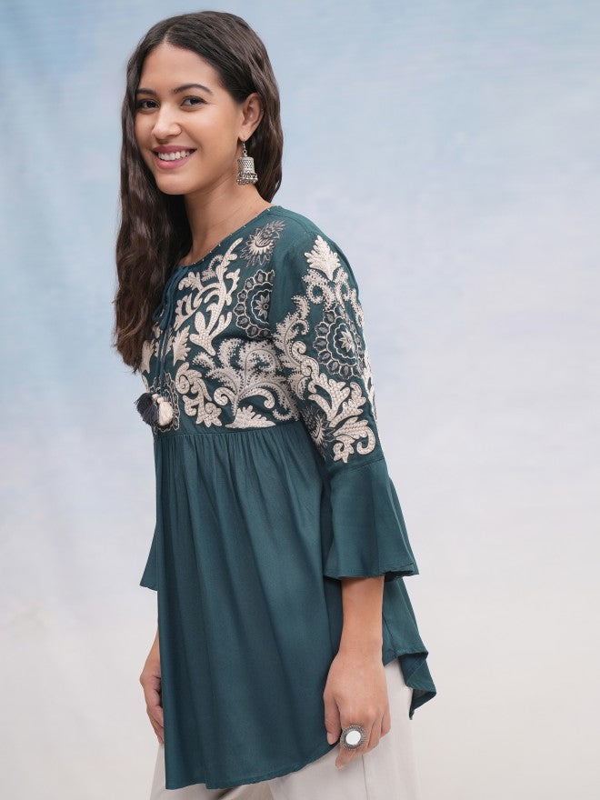 Vishudh Women Teal Embroidered Top - Teal - Image 4