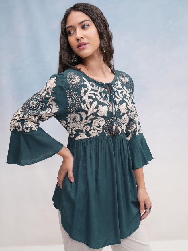 Vishudh Women Teal Embroidered Top - Teal - Image 6