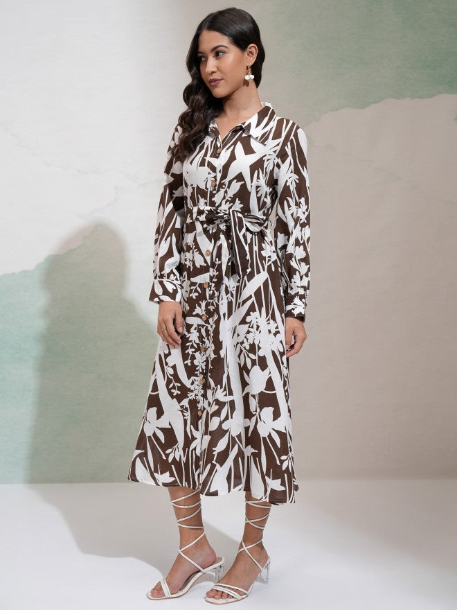 Vishudh Women Brown Printed Fit And Flare Dress - Brown - Image 4