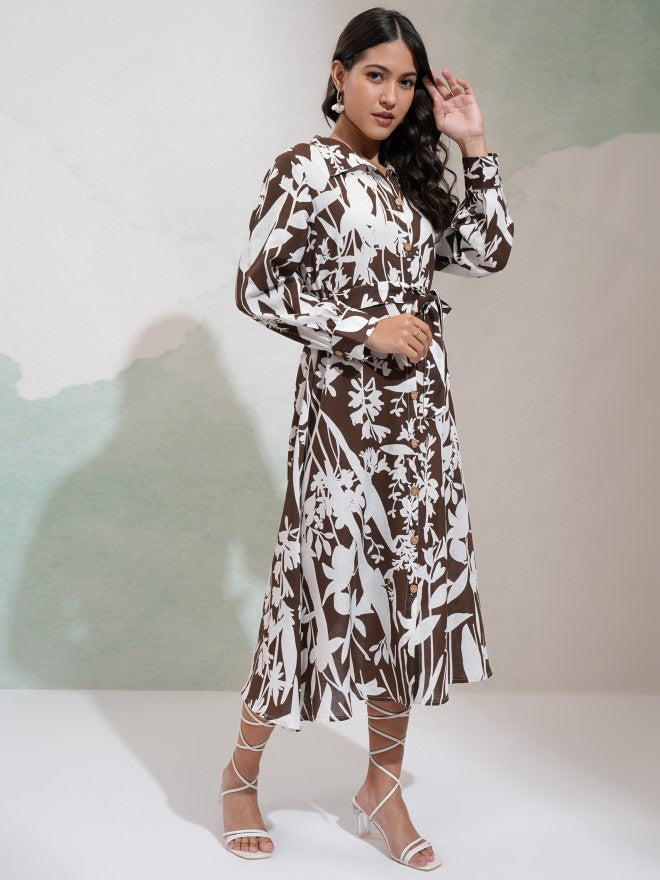 Vishudh Women Brown Printed Fit And Flare Dress - Brown - Image 6