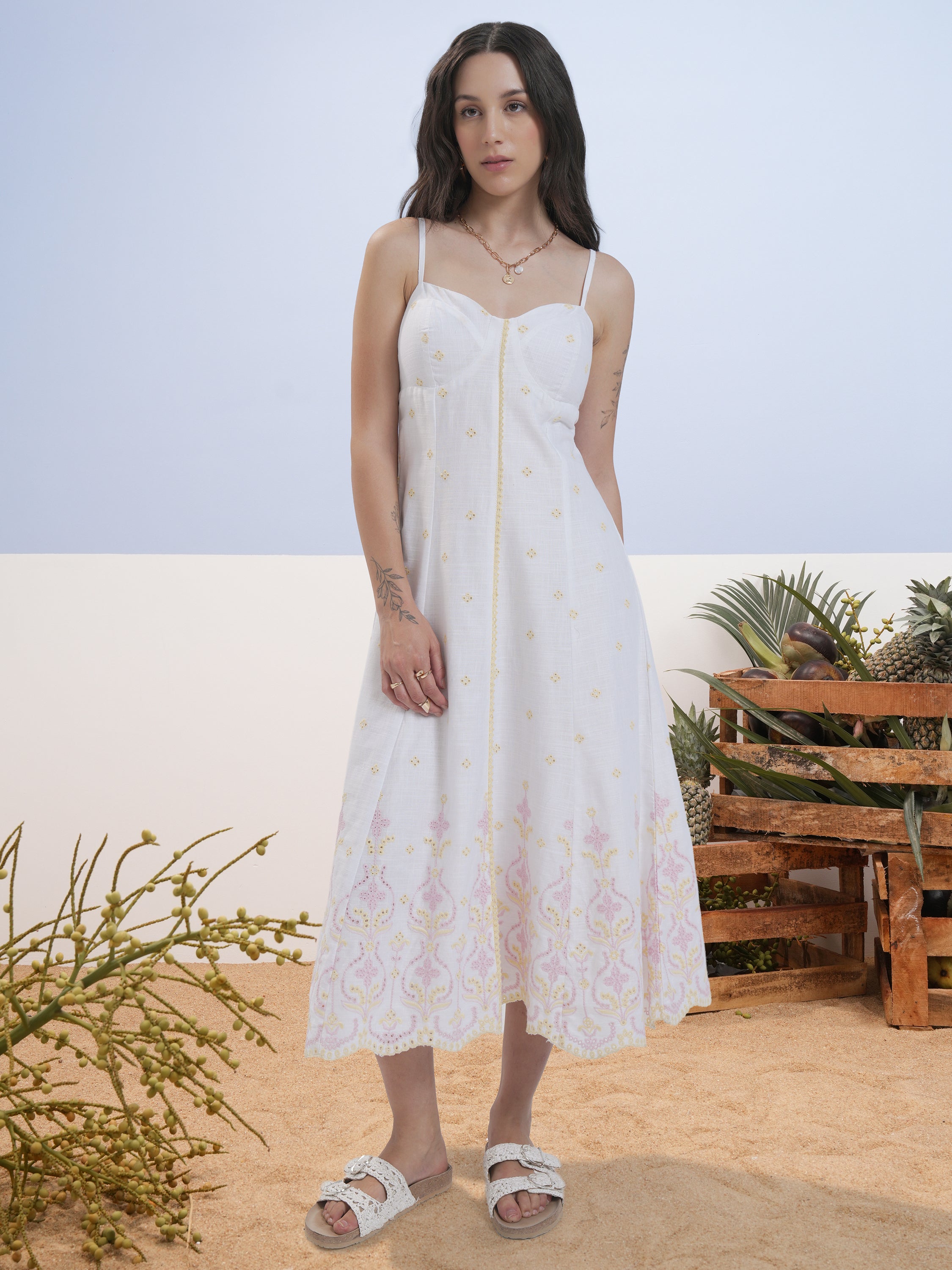 Vara By Vishudh Women White Yellow Schiffli Midi Strap Dresses - White - Image 3
