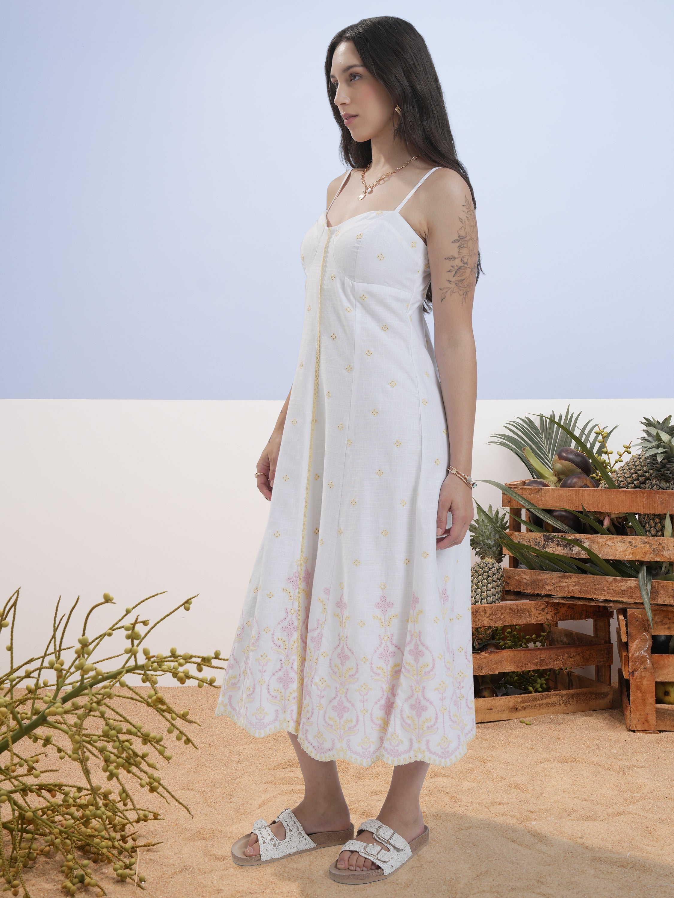 Vara By Vishudh Women White Yellow Schiffli Midi Strap Dresses - White - Image 4