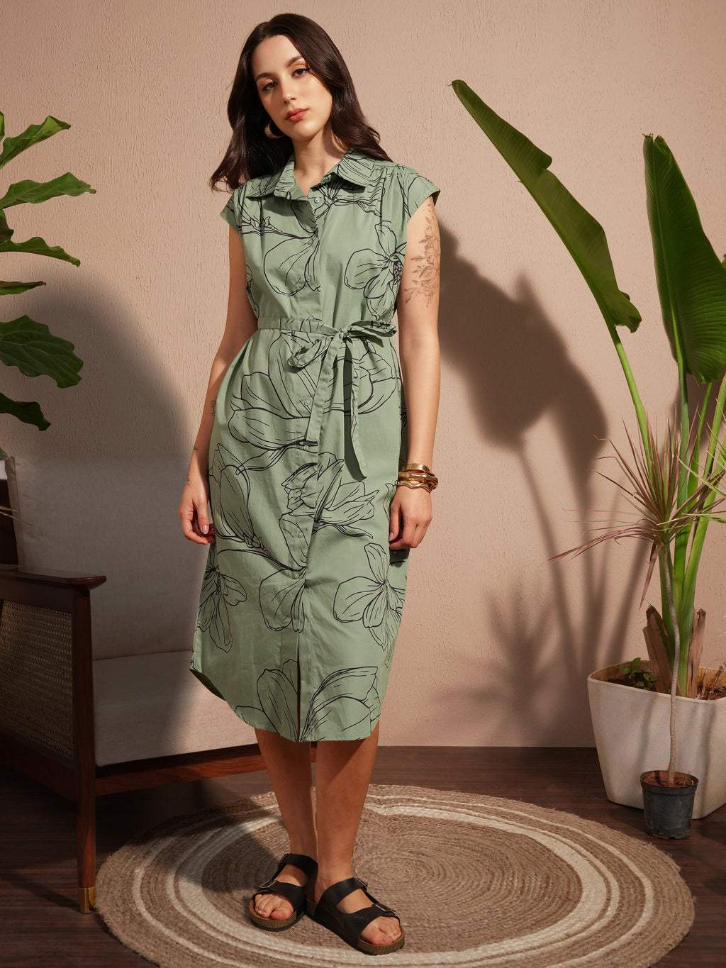 Vara By Vishudh Women Green Printed Shirt Dress - Green - Image 1