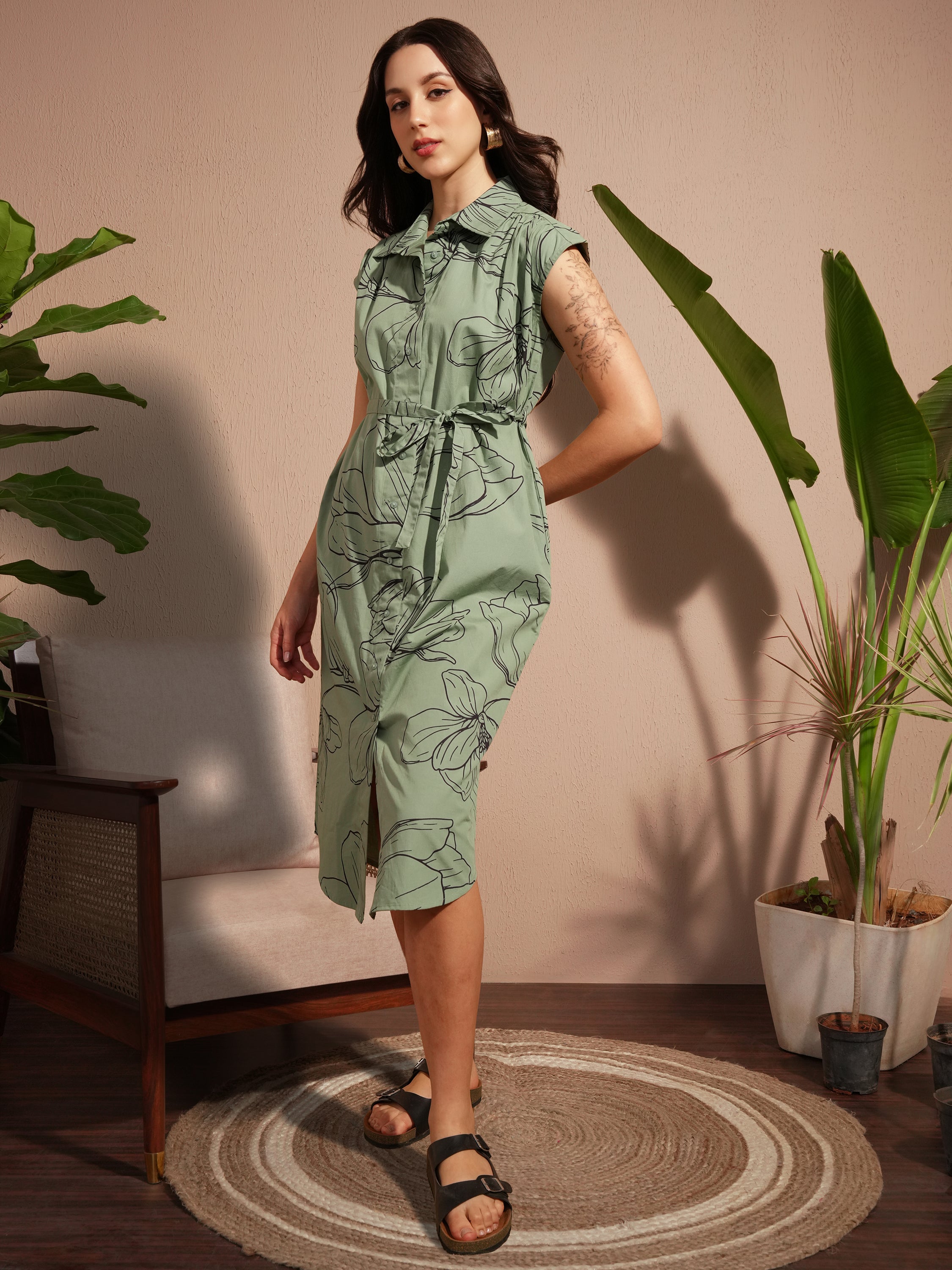Vara By Vishudh Women Green Printed Shirt Dress - Green - Image 2
