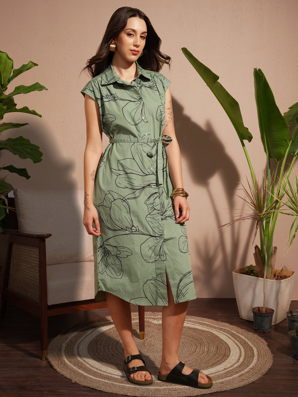 Vara By Vishudh Women Green Printed Shirt Dress - Green - Image 4