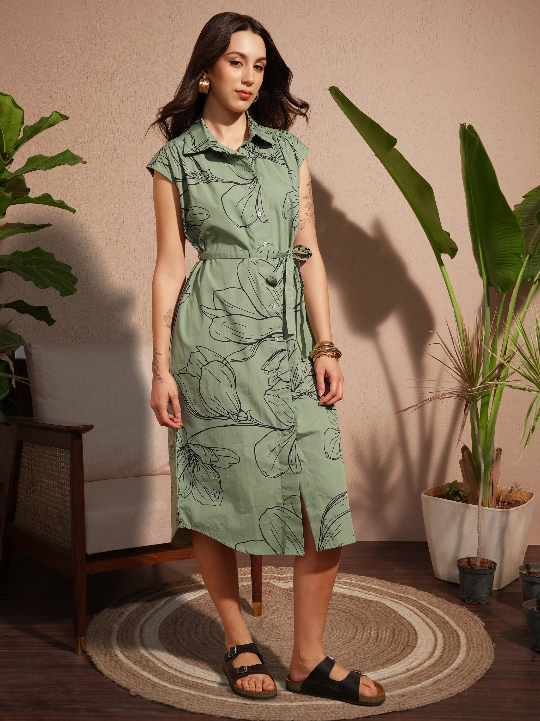 Vara By Vishudh Women Green Printed Shirt Dress - Green - Image 4
