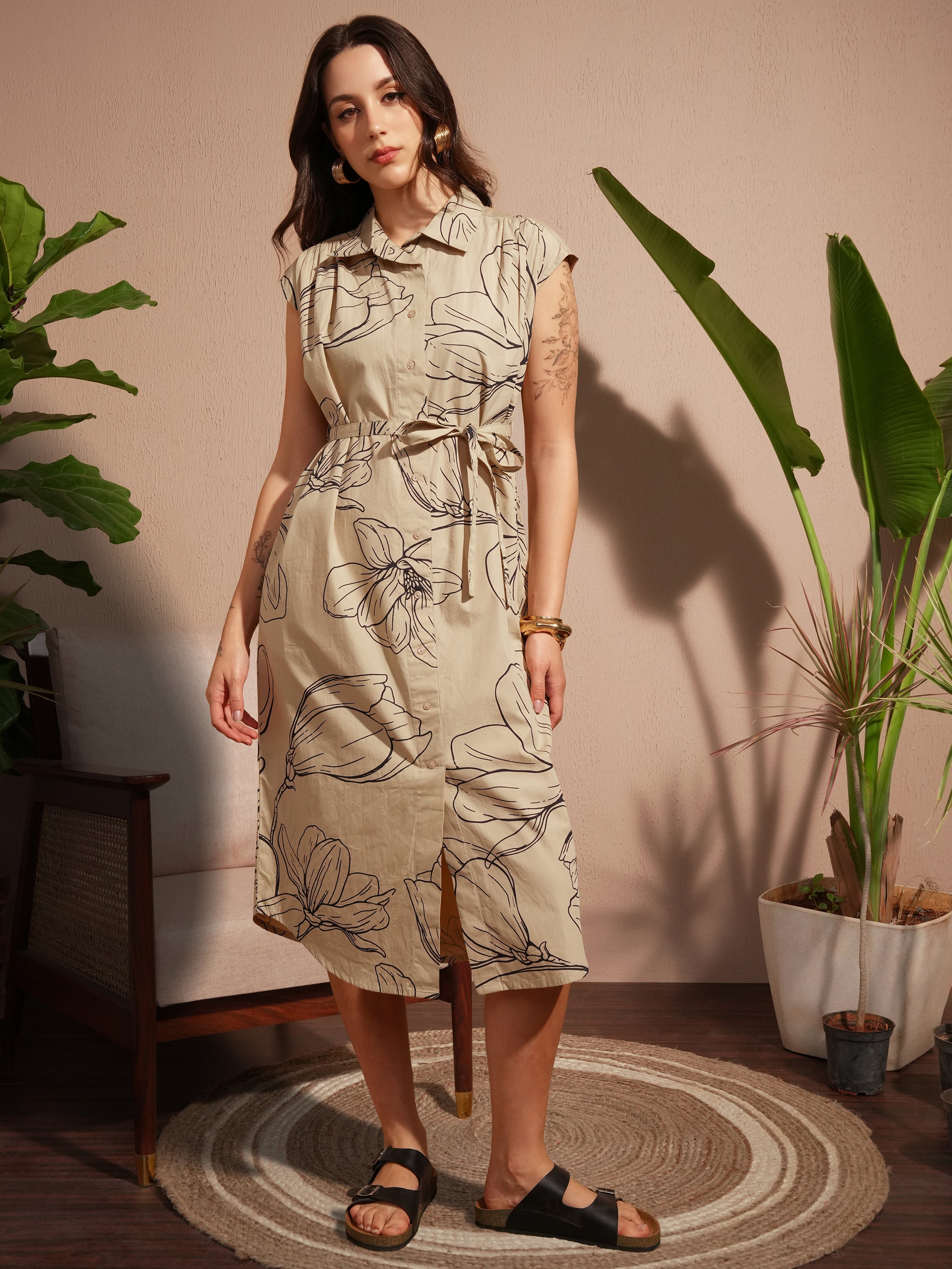 Vara By Vishudh Women Tan Printed Shirt Dress - Tan - Image 1