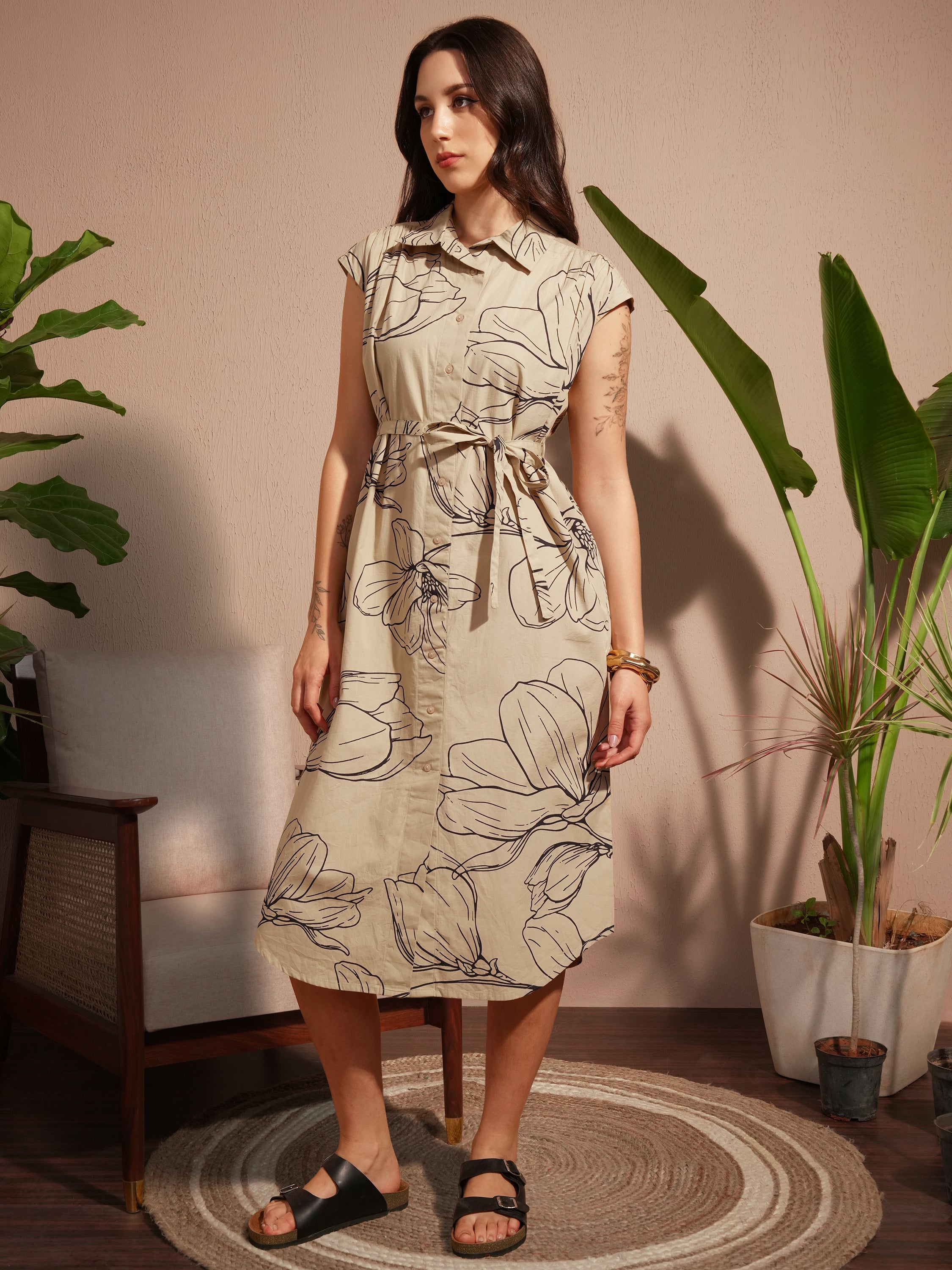 Vara By Vishudh Women Tan Printed Shirt Dress - Tan - Image 2