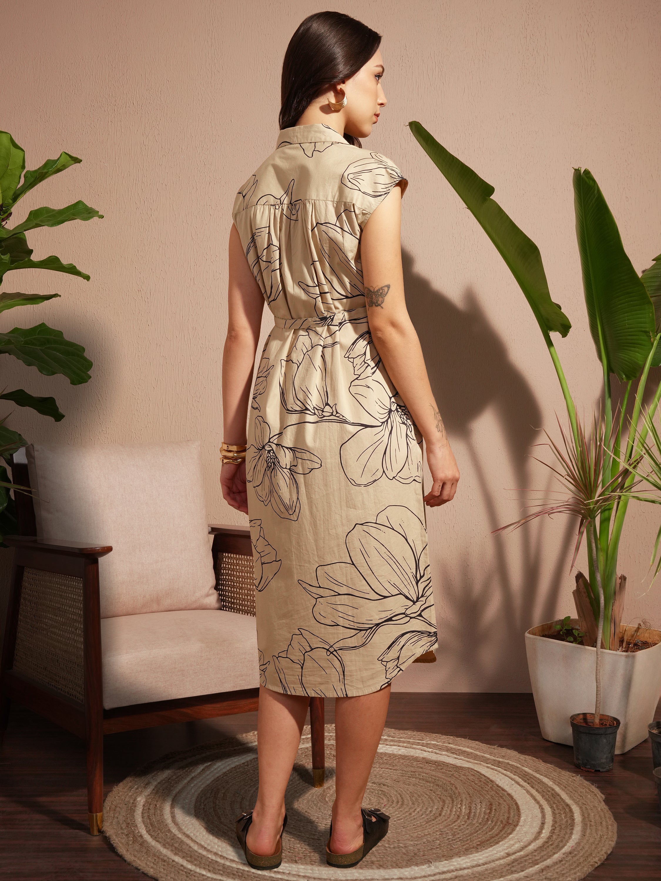 Vara By Vishudh Women Tan Printed Shirt Dress - Tan - Image 3