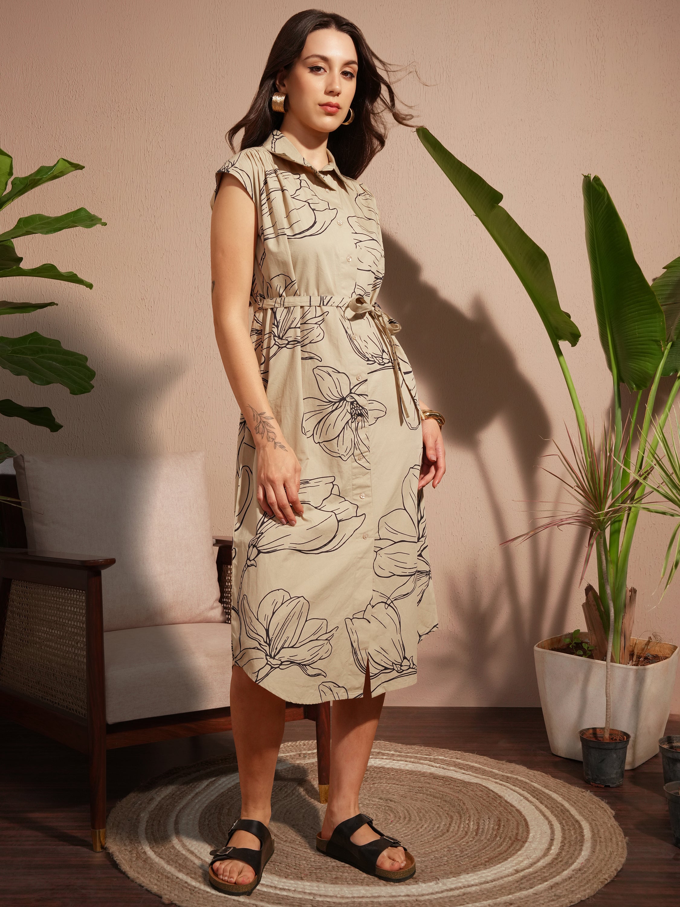 Vara By Vishudh Women Tan Printed Shirt Dress - Tan - Image 4