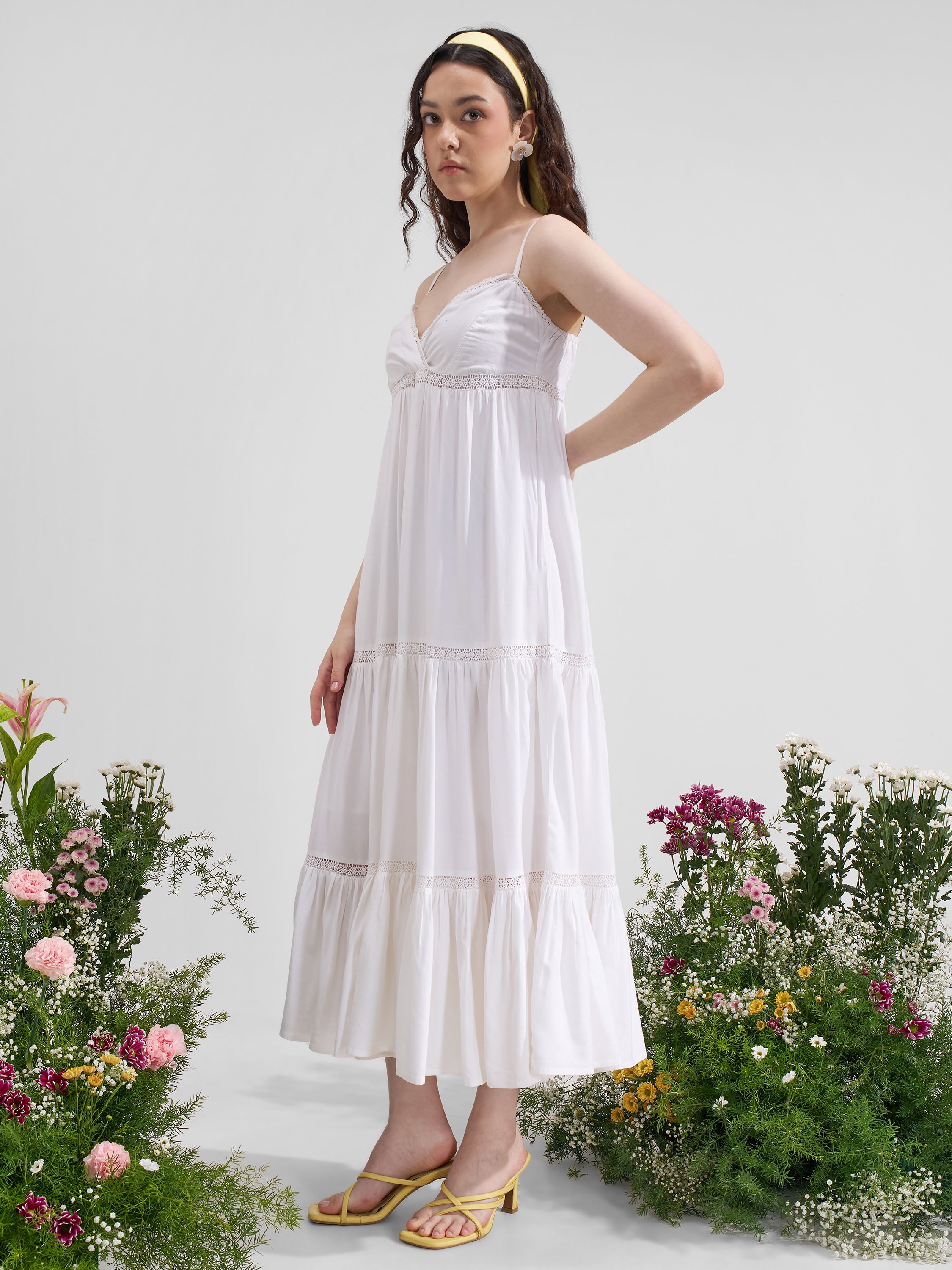 Vara By Vishudh Women White Solid Maxi Dress