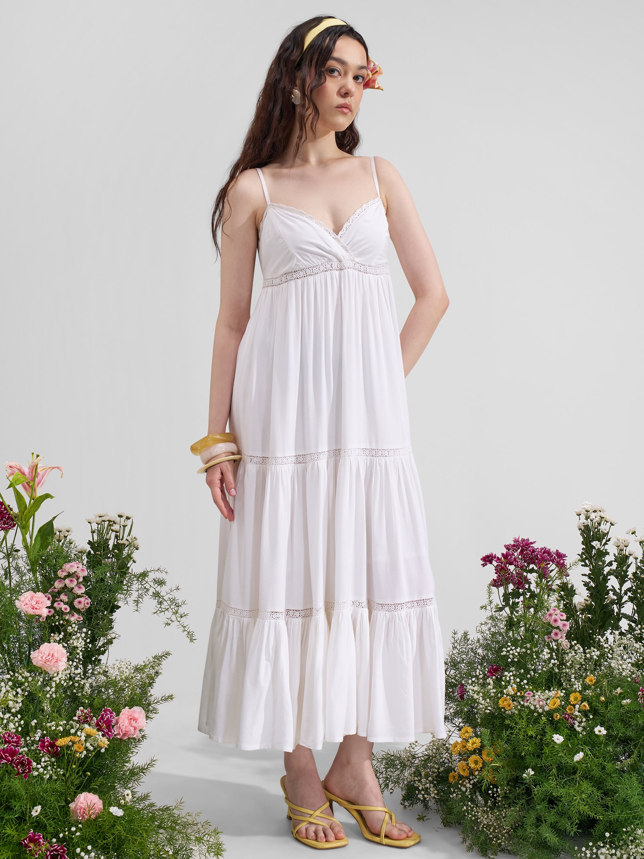 Vara By Vishudh Women White Solid Maxi Dress