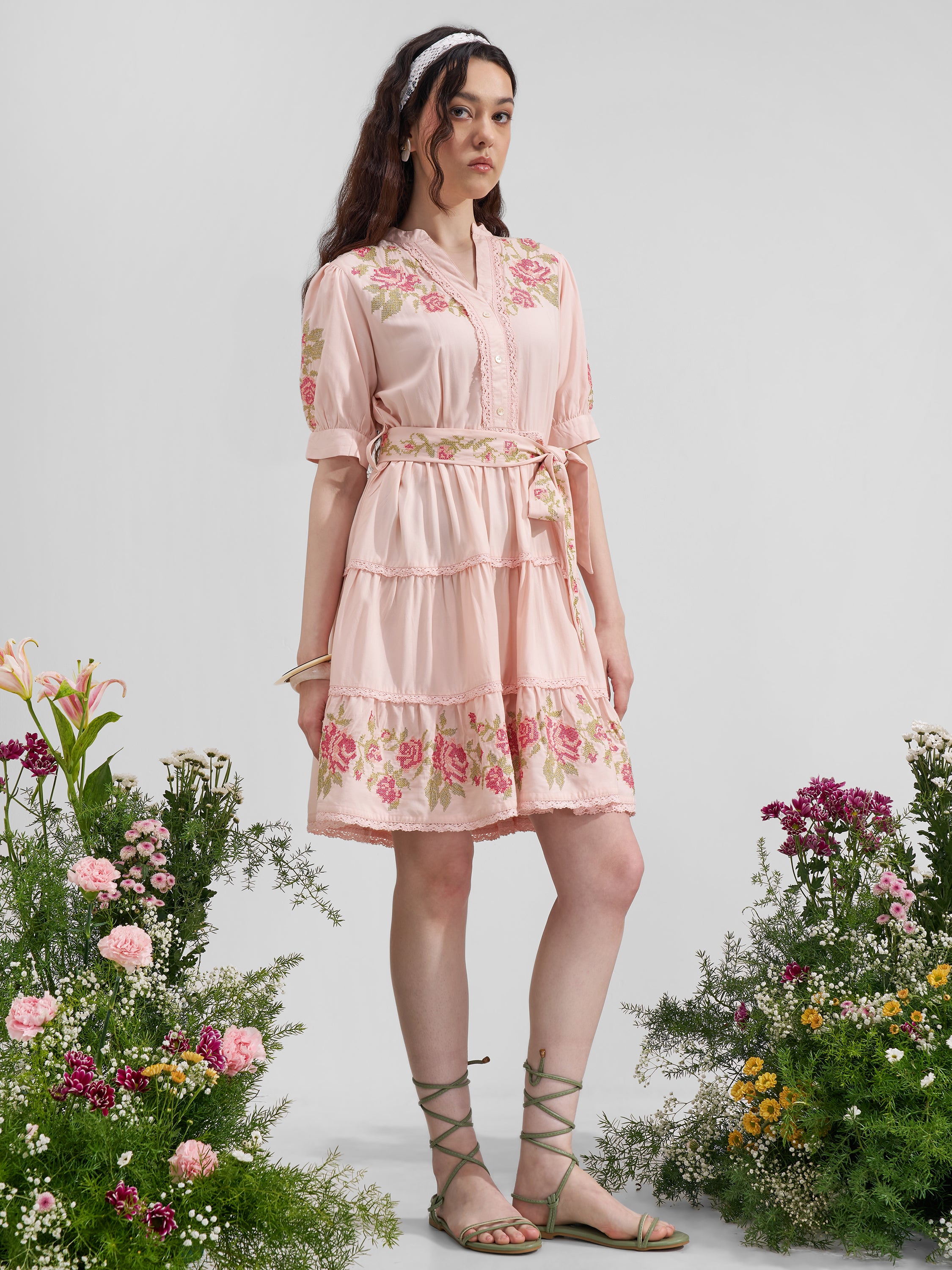 Vara By Vishudh Women Pink Embroidered Maxi Dress