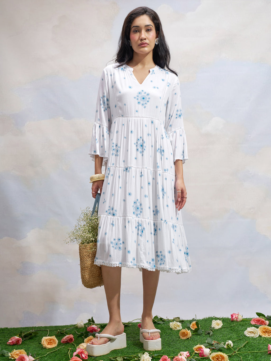 Vara By Vishudh Women White Printed Fit and Flare Dress - White - Image 1
