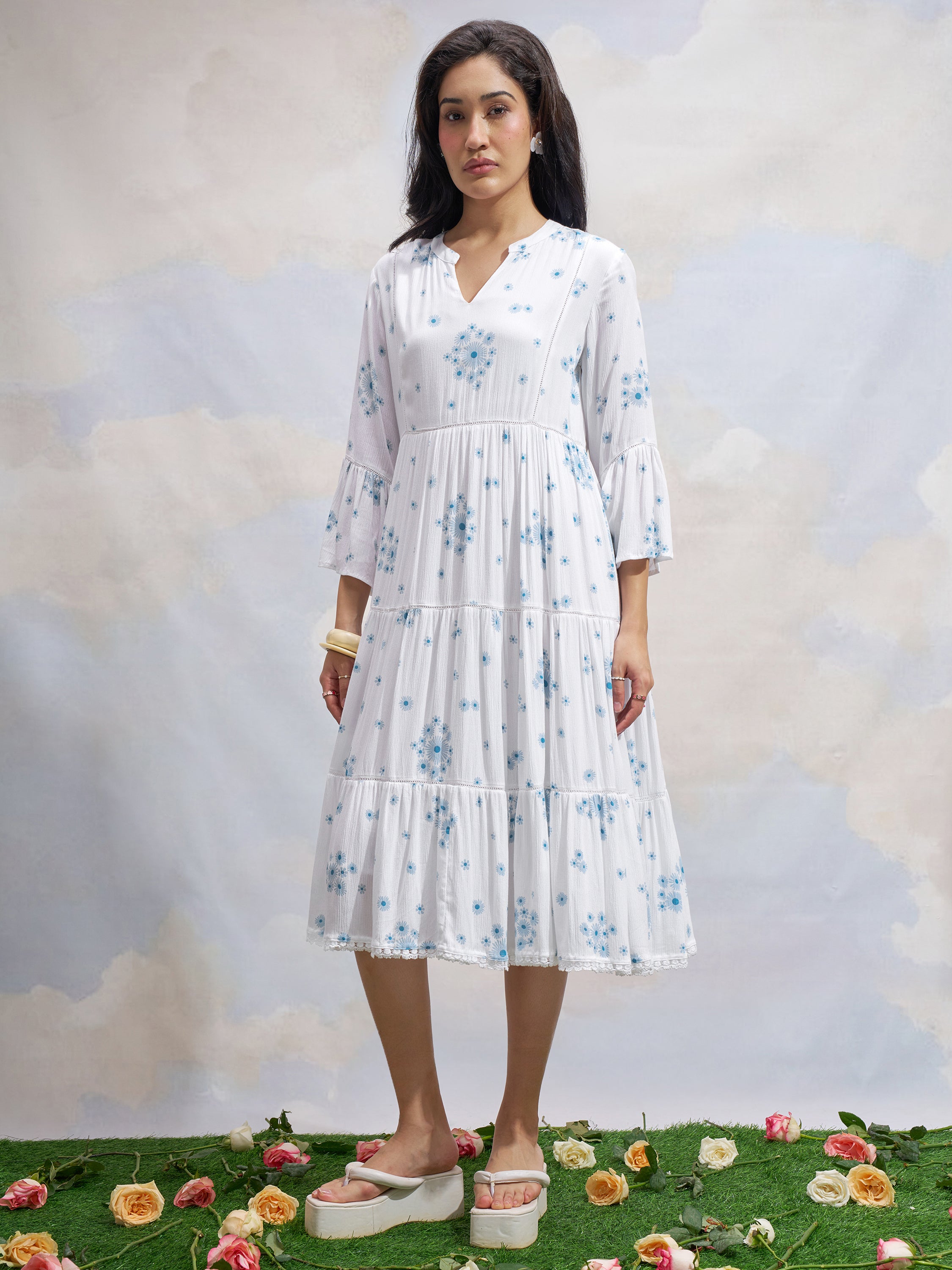 Vara By Vishudh Women White Printed Fit and Flare Dress - White - Image 2