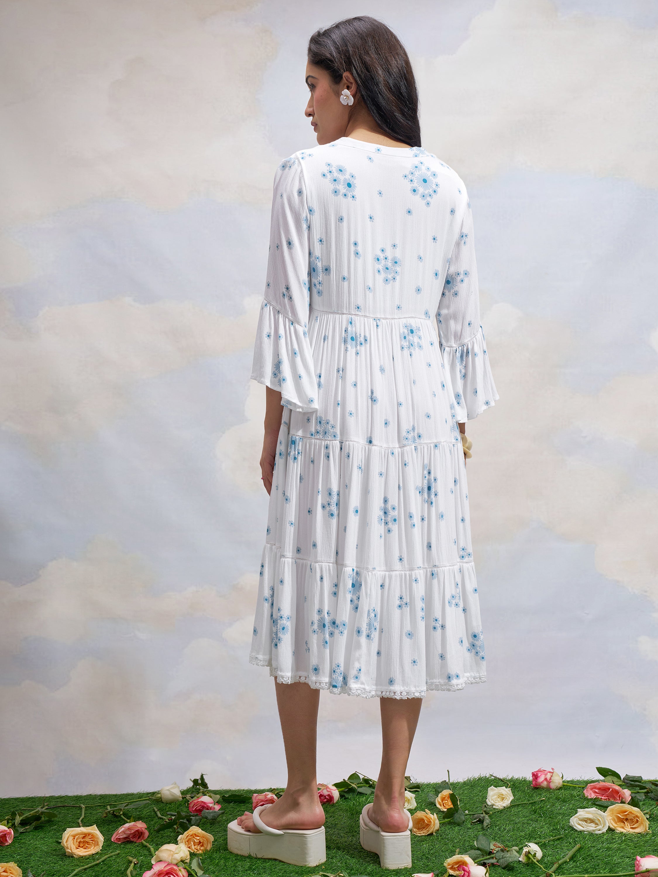 Vara By Vishudh Women White Printed Fit and Flare Dress - White - Image 3