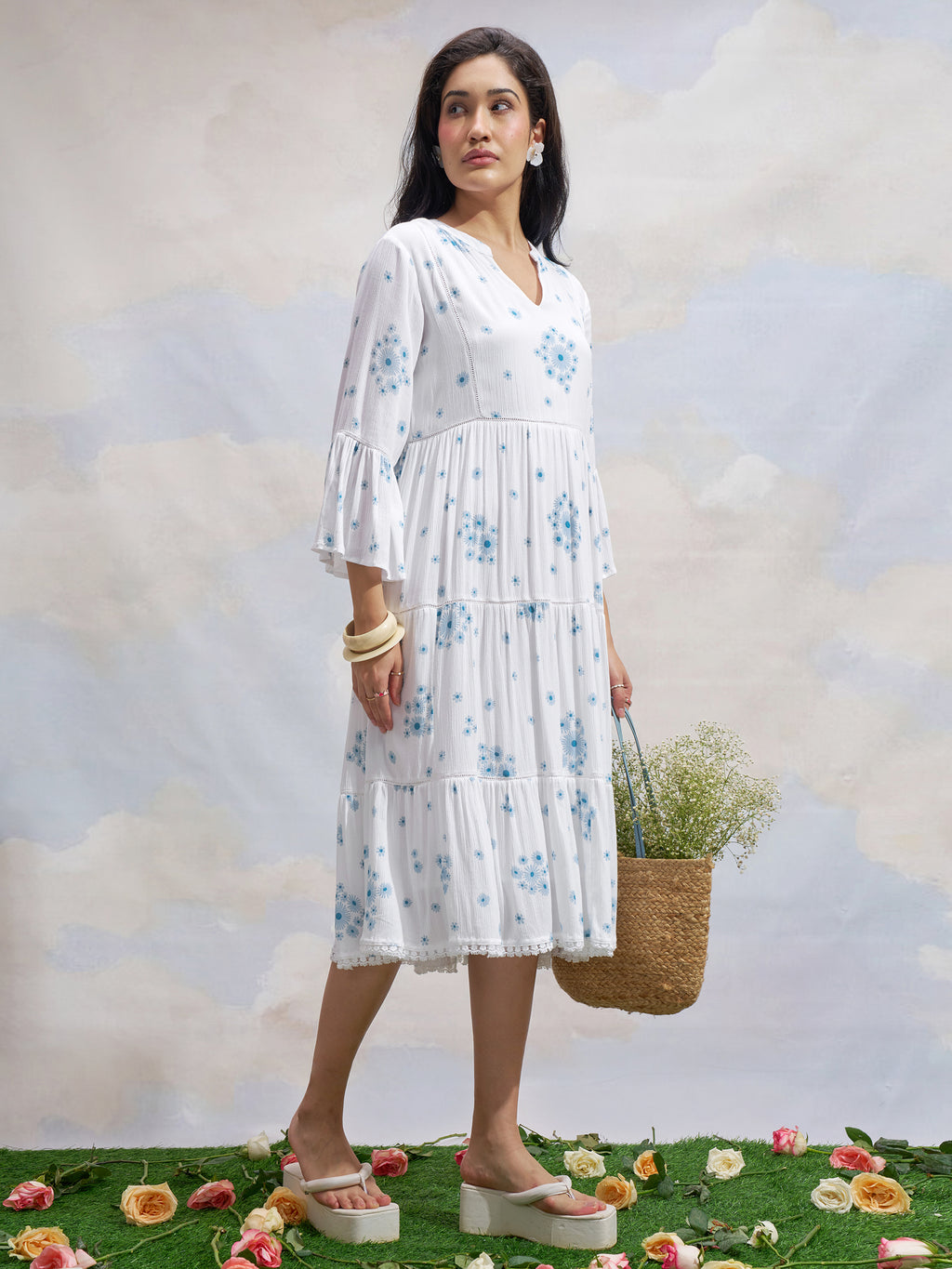 Vara By Vishudh Women White Printed Fit and Flare Dress - White - Image 4