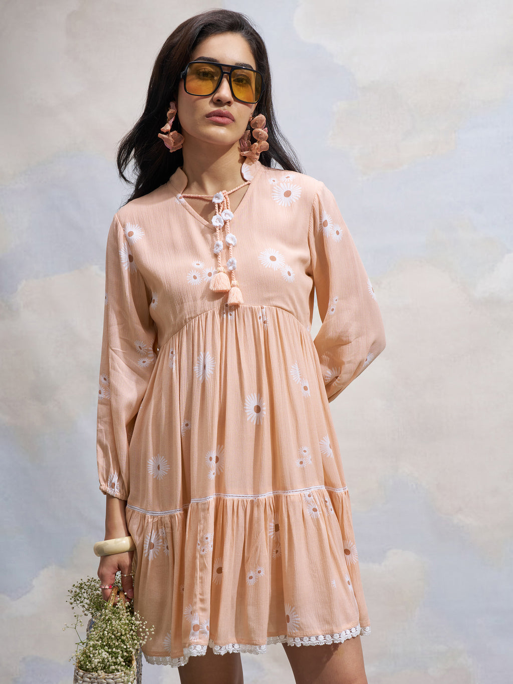 Vara By Vishudh Women Peach Printed Fit and Flare Dress - Peach - Image 1