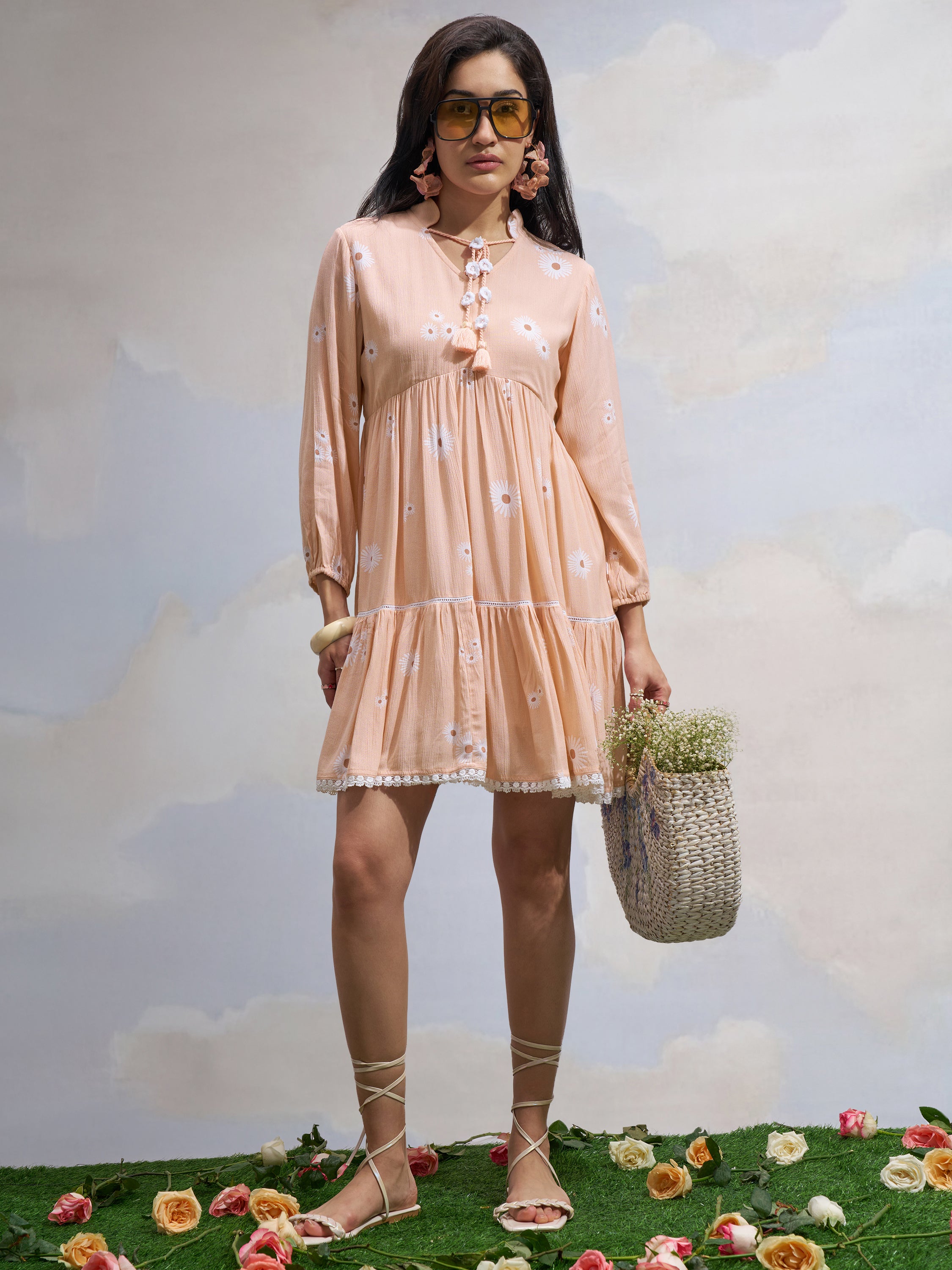 Vara By Vishudh Women Peach Printed Fit and Flare Dress - Peach - Image 2