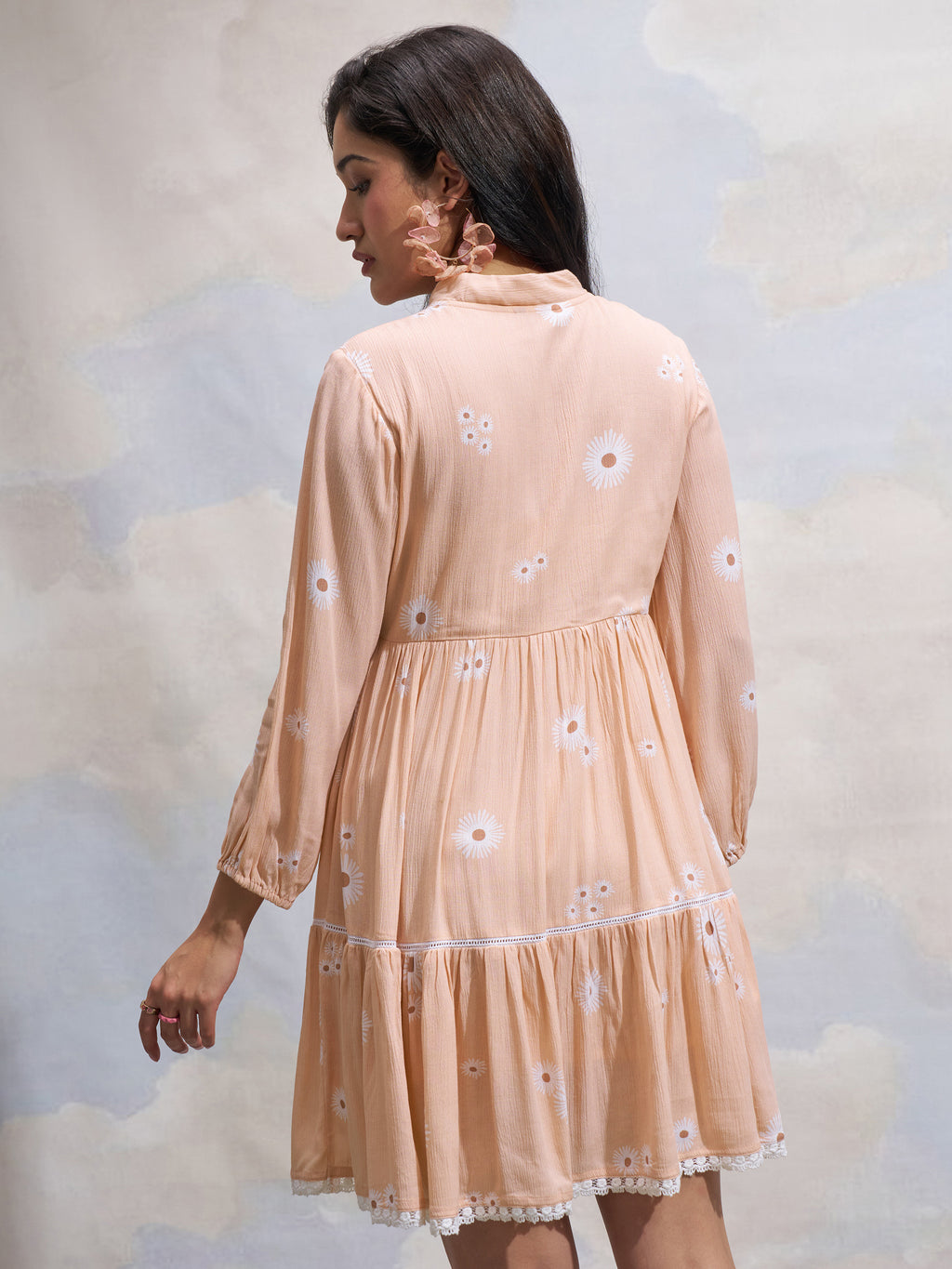 Vara By Vishudh Women Peach Printed Fit and Flare Dress - Peach - Image 3