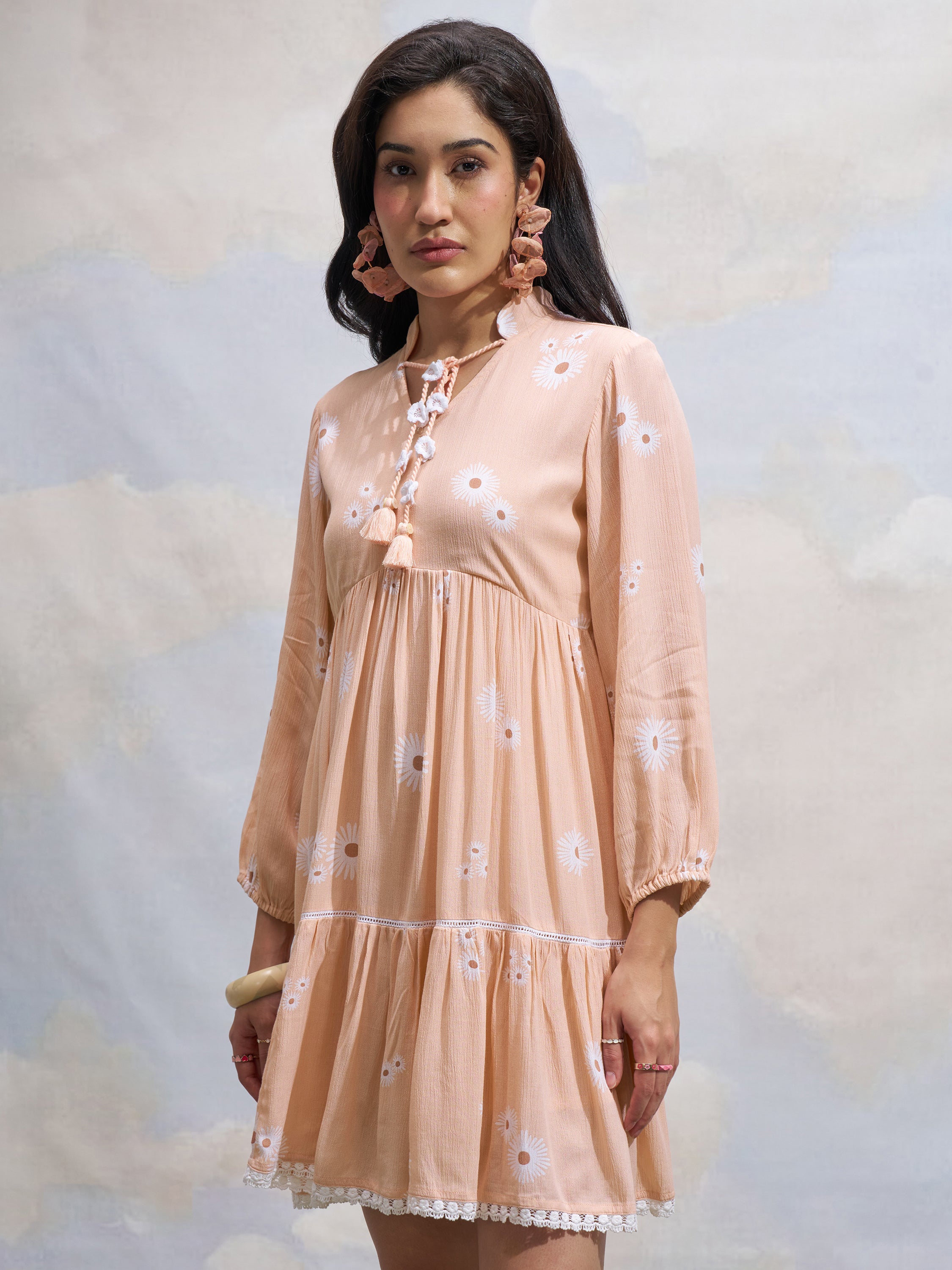 Vara By Vishudh Women Peach Printed Fit and Flare Dress - Peach - Image 4