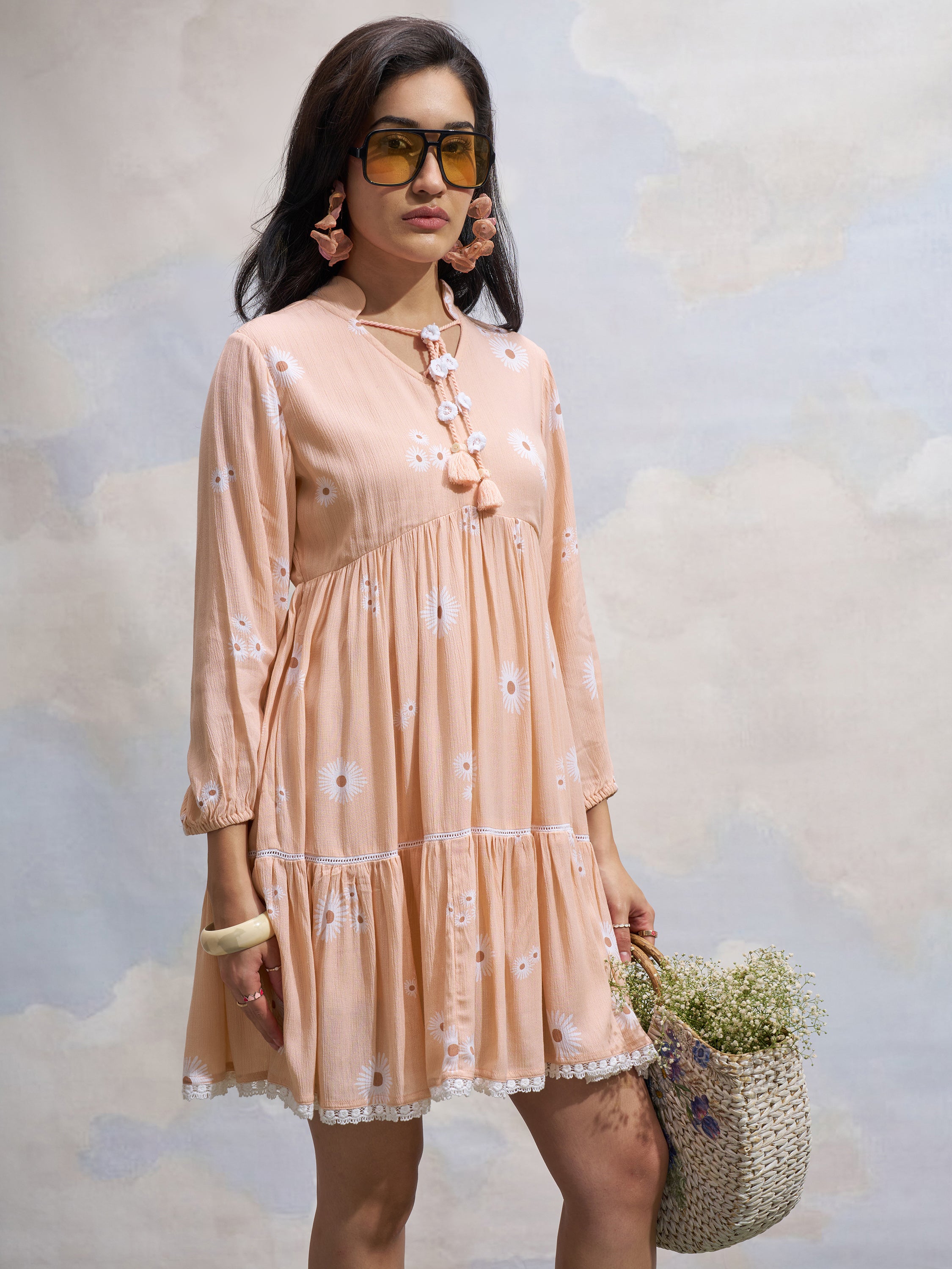 Vara By Vishudh Women Peach Printed Fit and Flare Dress - Peach - Image 6