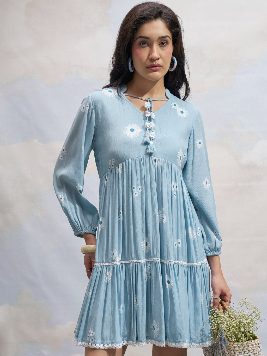 Vara By Vishudh Women Blue Printed Fit and Flare Dress - Blue - Image 1