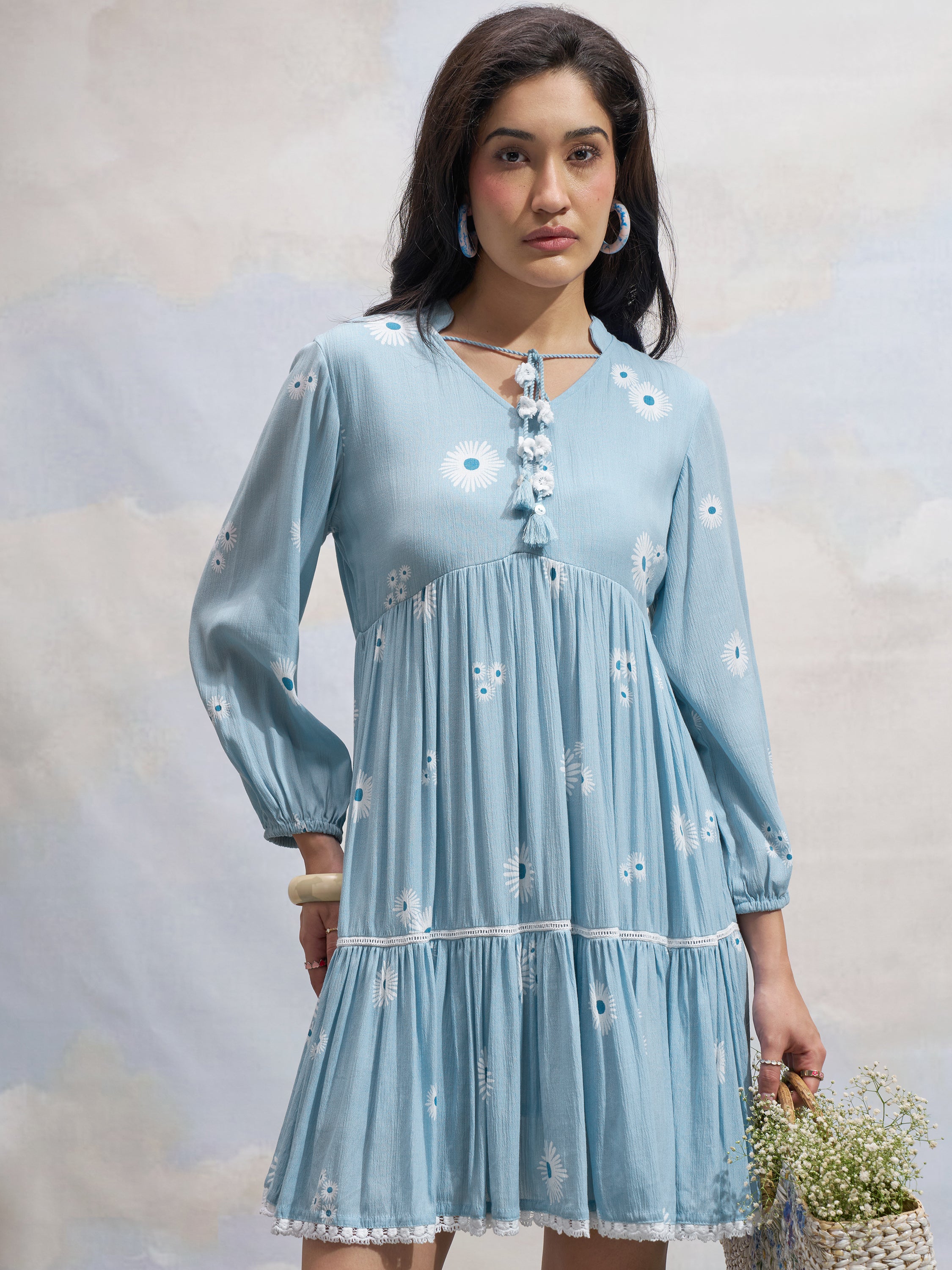 Vara By Vishudh Women Blue Printed Fit and Flare Dress - Blue - Image 1