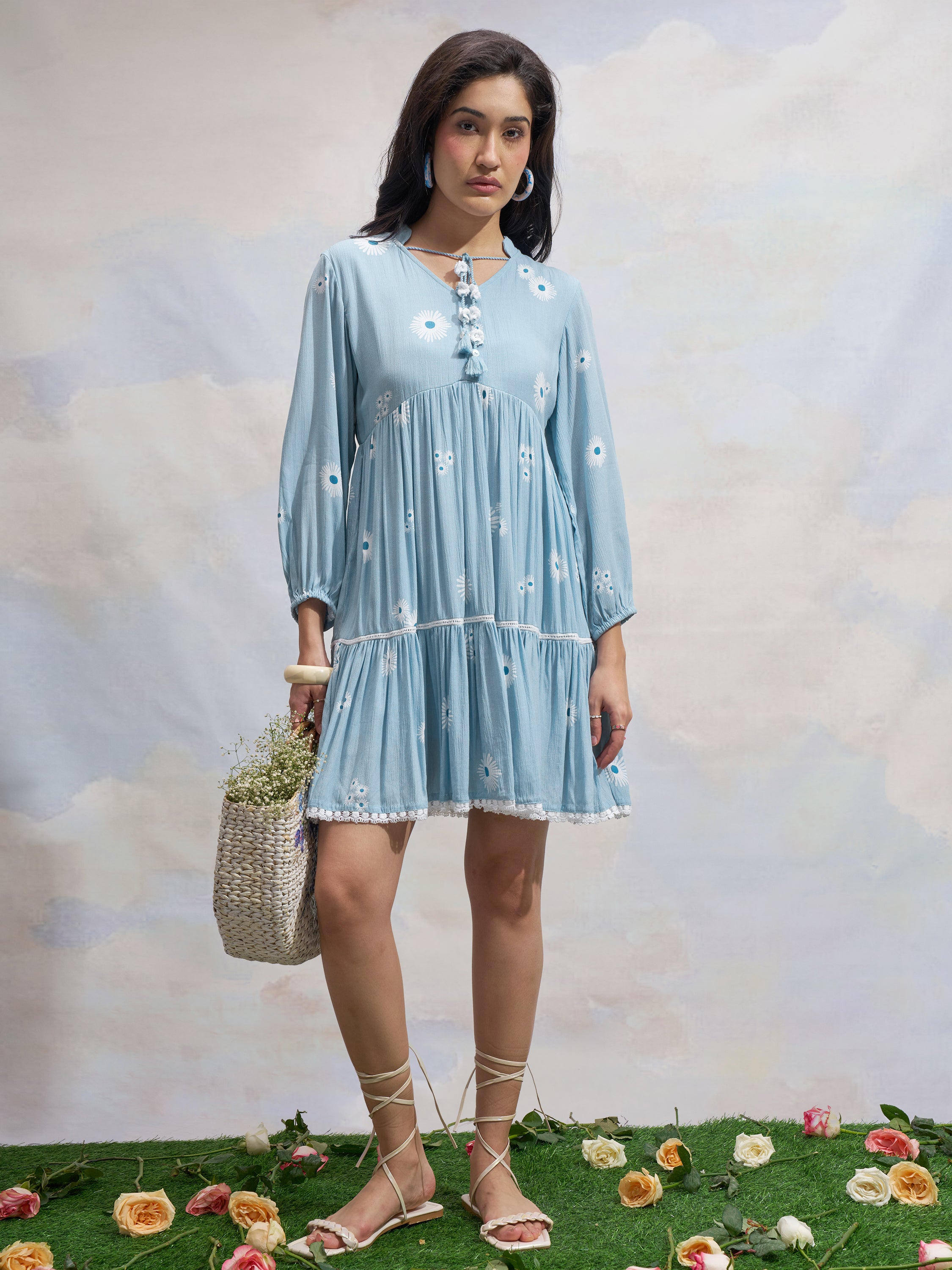 Vara By Vishudh Women Blue Printed Fit and Flare Dress - Blue - Image 2