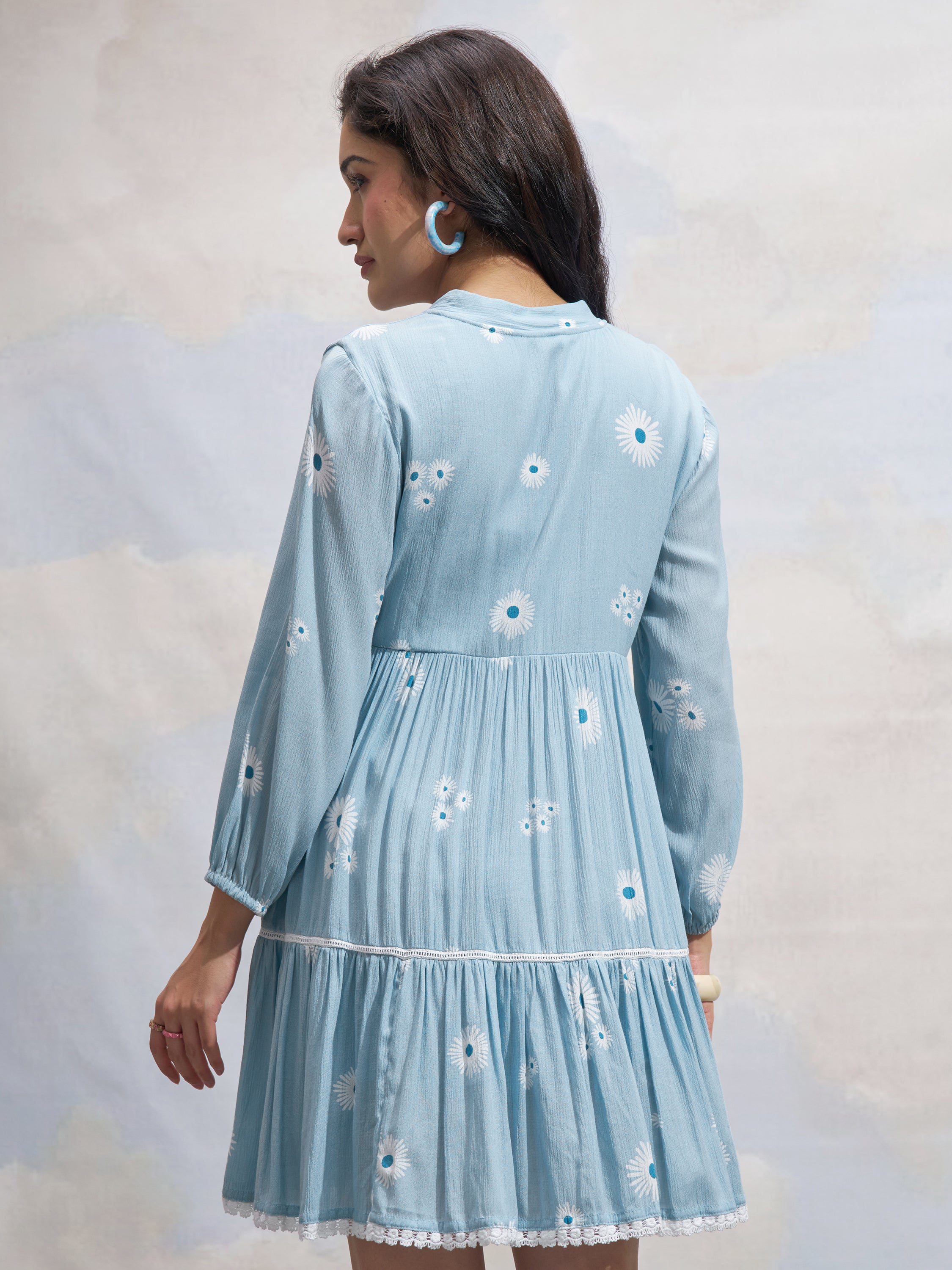Vara By Vishudh Women Blue Printed Fit and Flare Dress - Blue - Image 3