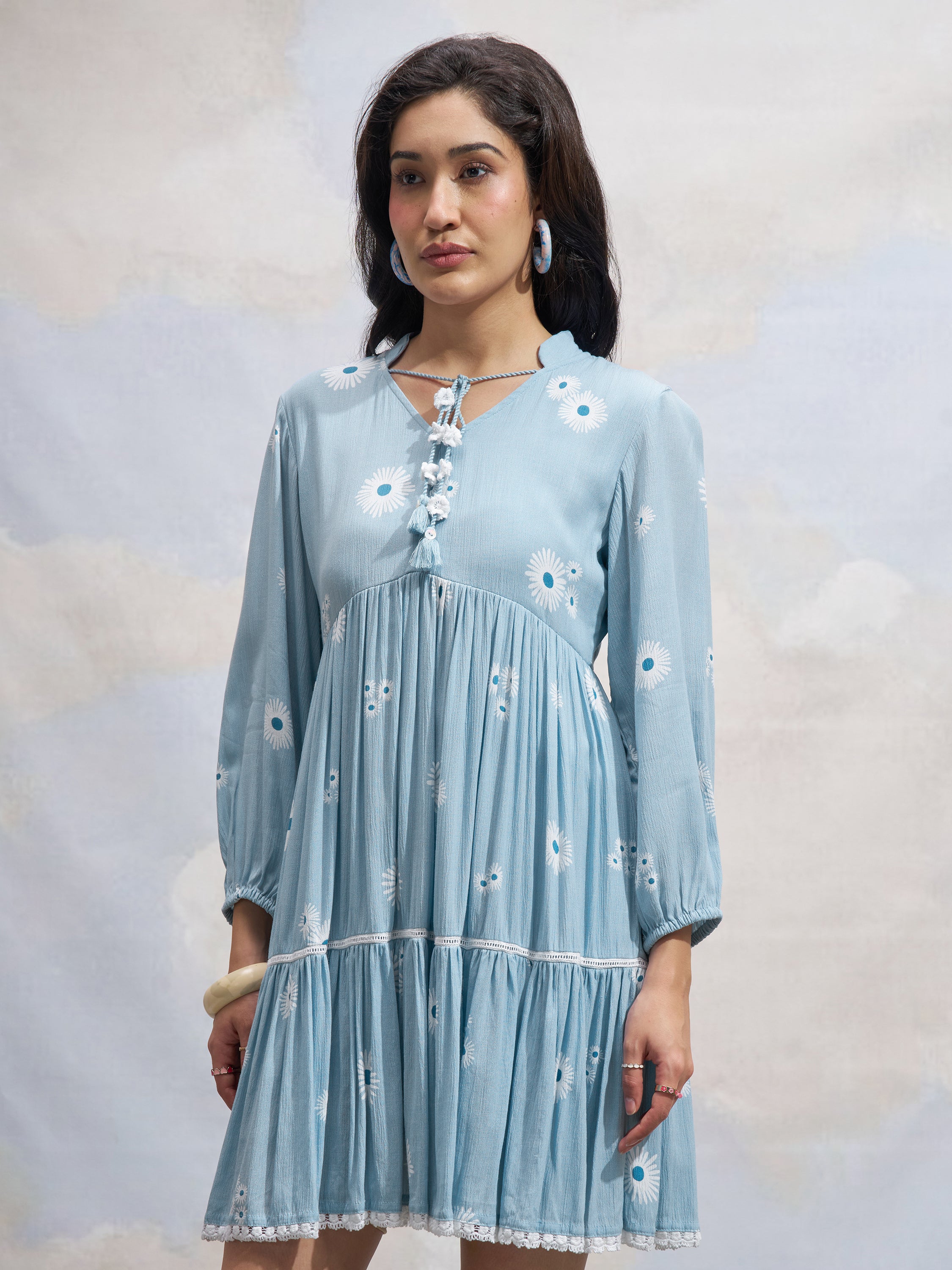 Vara By Vishudh Women Blue Printed Fit and Flare Dress - Blue - Image 4