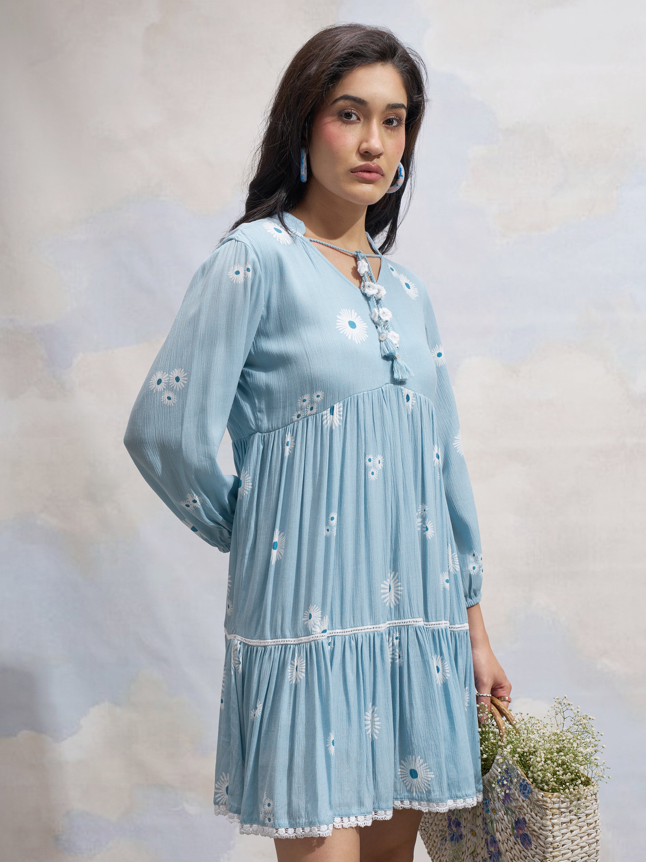 Vara By Vishudh Women Blue Printed Fit and Flare Dress - Blue - Image 6