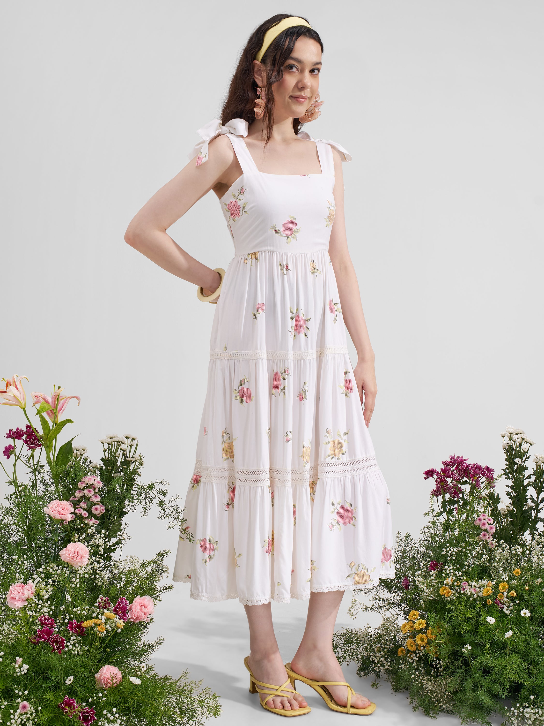 Vara By Vishudh Women White Printed Maxi Dress