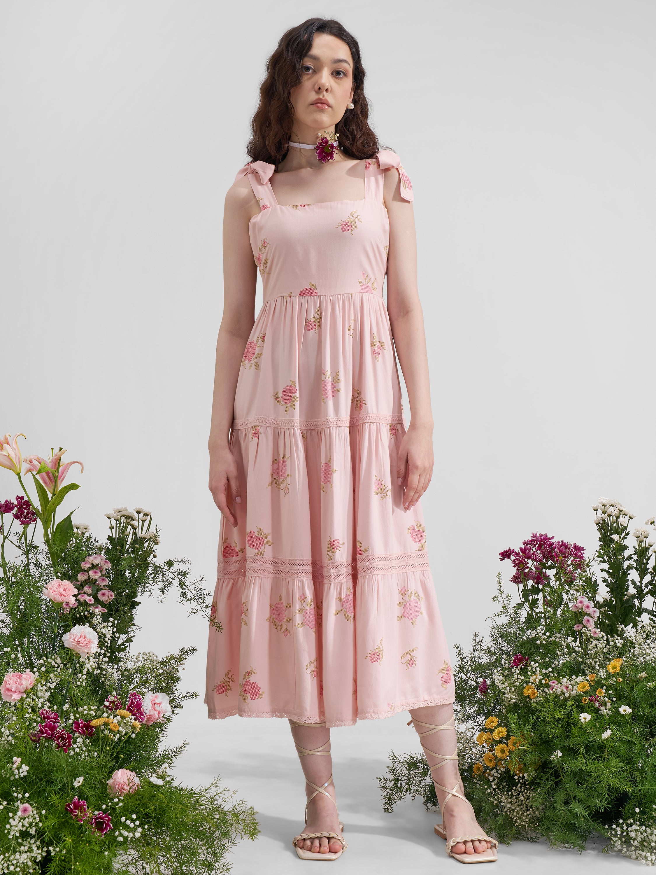 Vara By Vishudh Women Pink Printed Maxi Dress