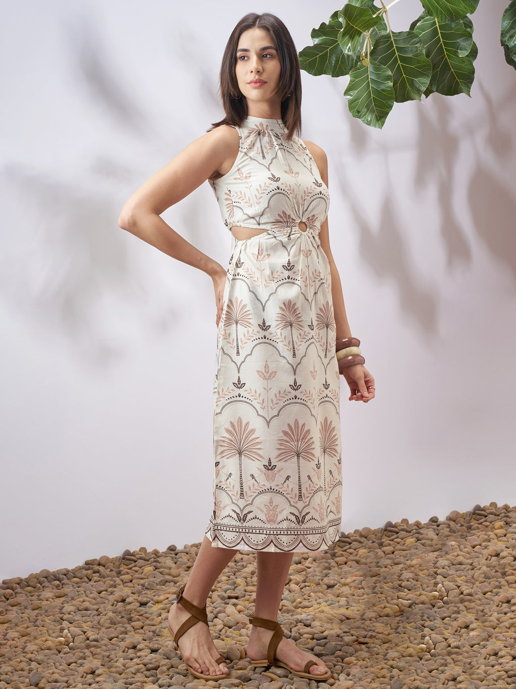 Vara By Vishudh Women Tan Printed A-Line Dress - Tan - Image 4