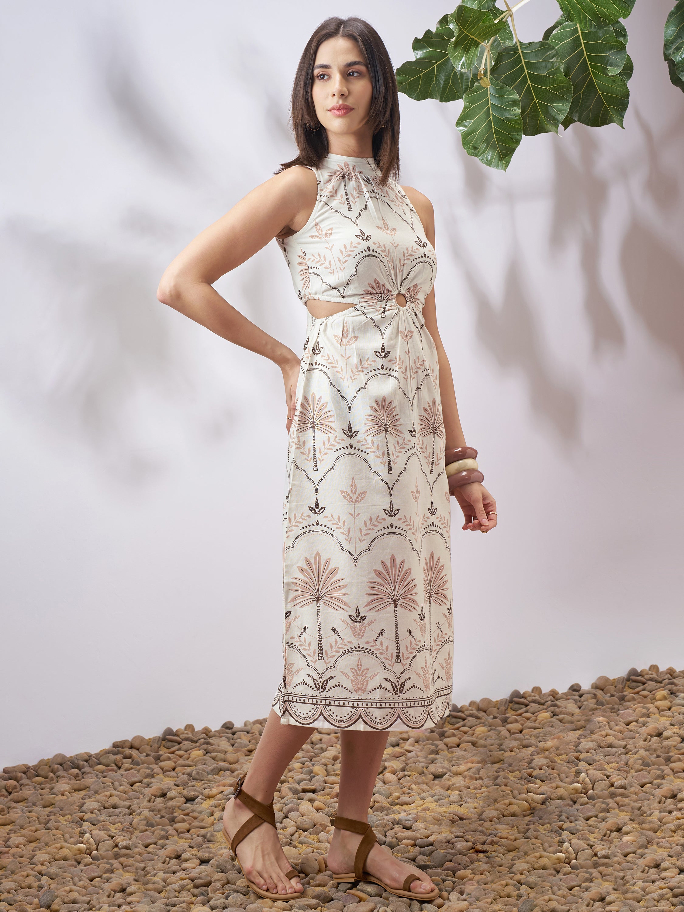 Vara By Vishudh Women Tan Printed A-Line Dress - Tan - Image 4