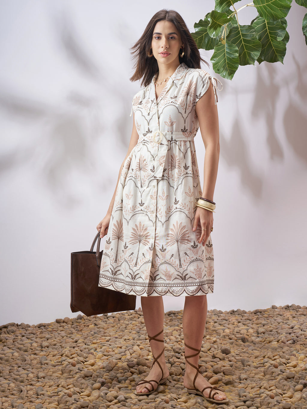Vara By Vishudh Women Tan Printed A-Line Dress - Tan - Image 1