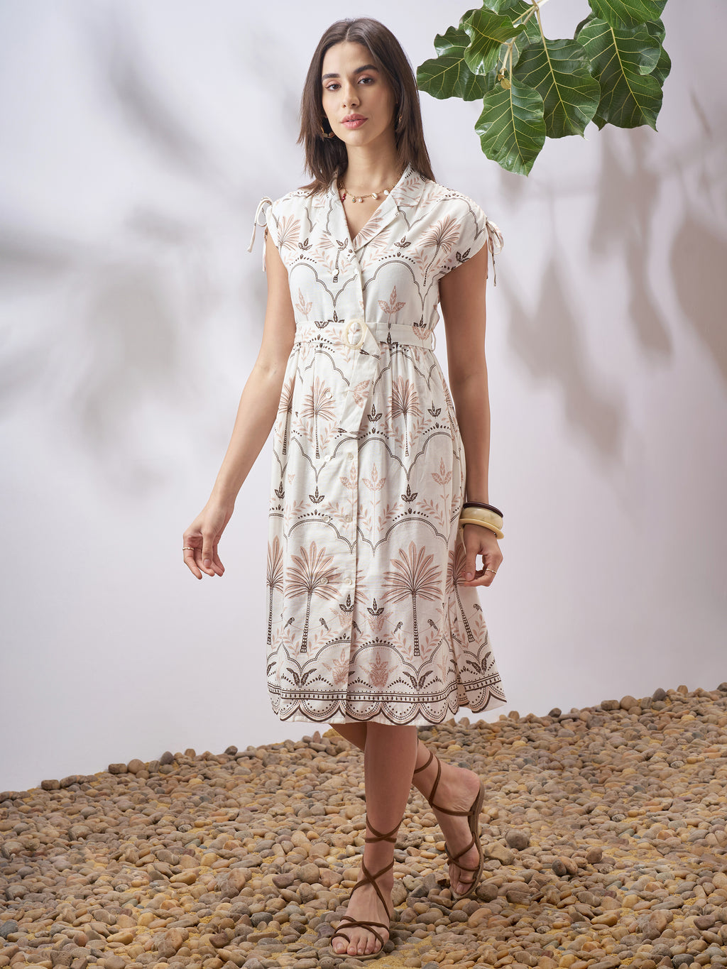 Vara By Vishudh Women Tan Printed A-Line Dress - Tan - Image 2