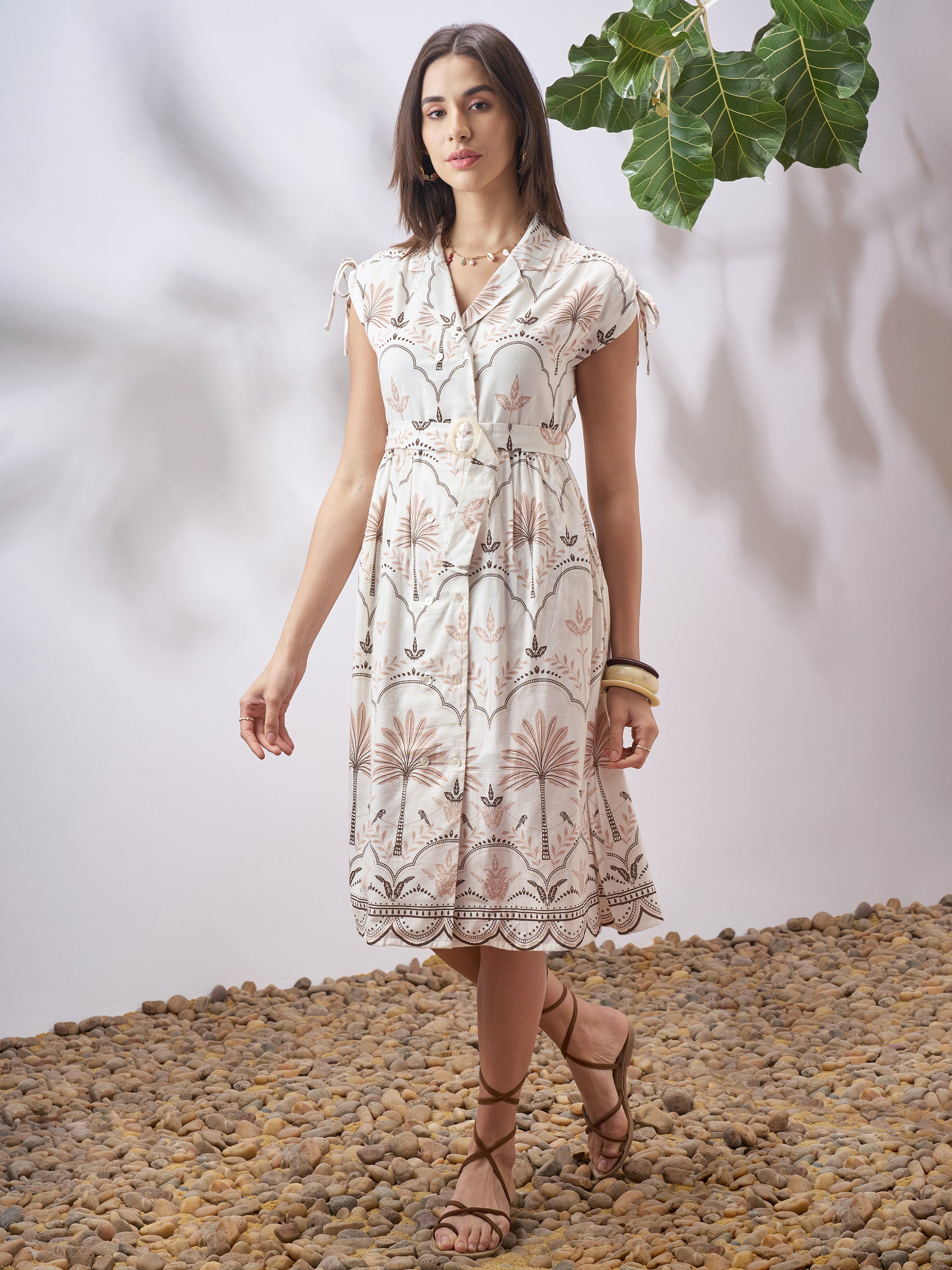 Vara By Vishudh Women Tan Printed A-Line Dress - Tan - Image 2