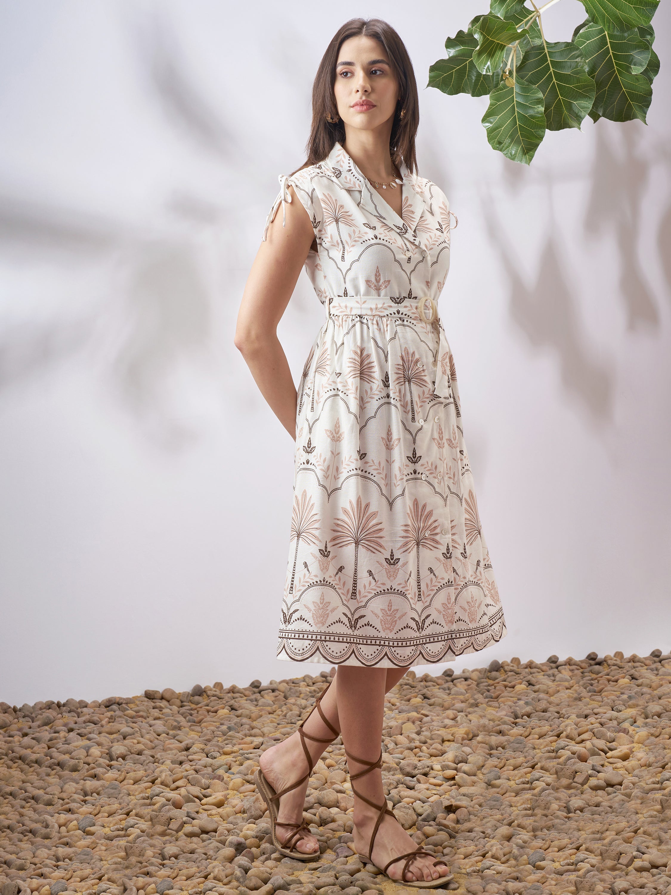 Vara By Vishudh Women Tan Printed A-Line Dress - Tan - Image 4