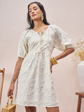 Vara By Vishudh Women White Embroidered A-Line Dress - White - Image 1