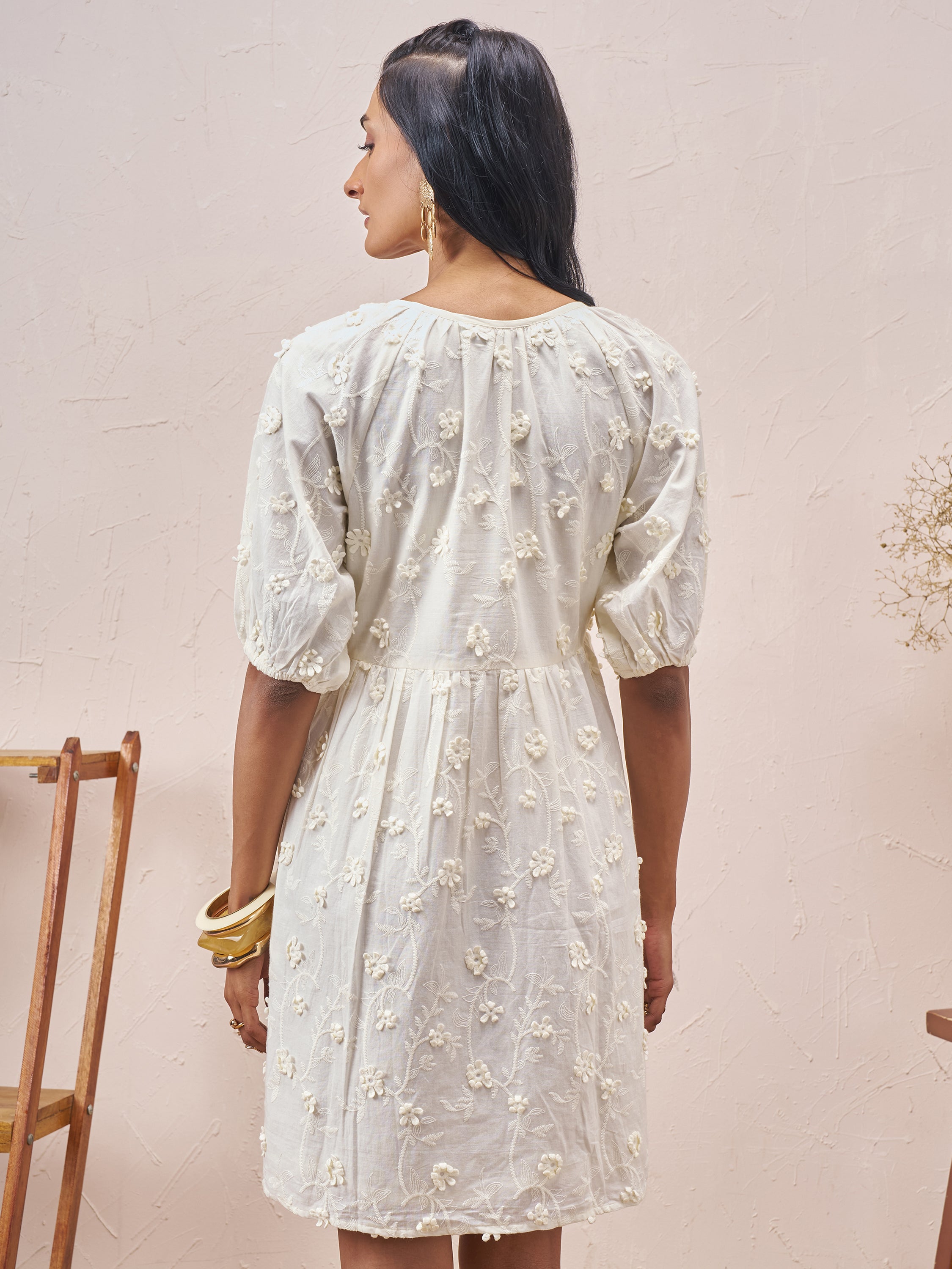 Vara By Vishudh Women White Embroidered A-Line Dress - White - Image 3