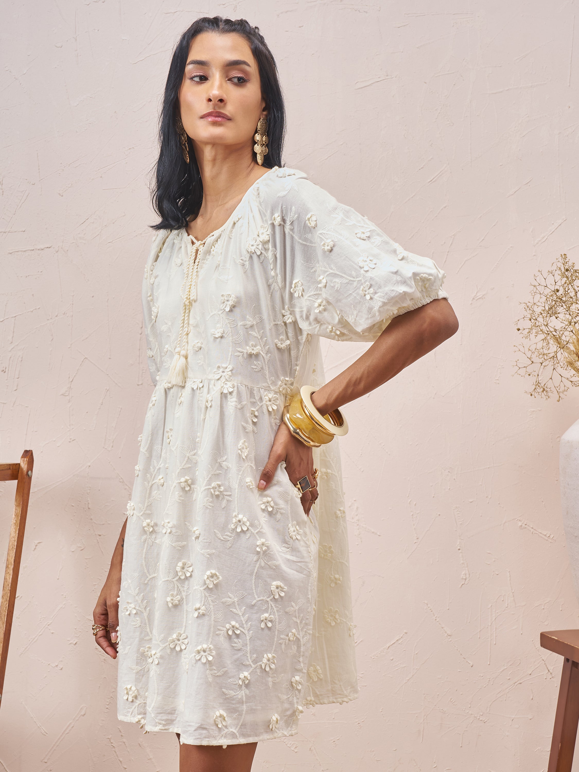 Vara By Vishudh Women White Embroidered A-Line Dress - White - Image 4