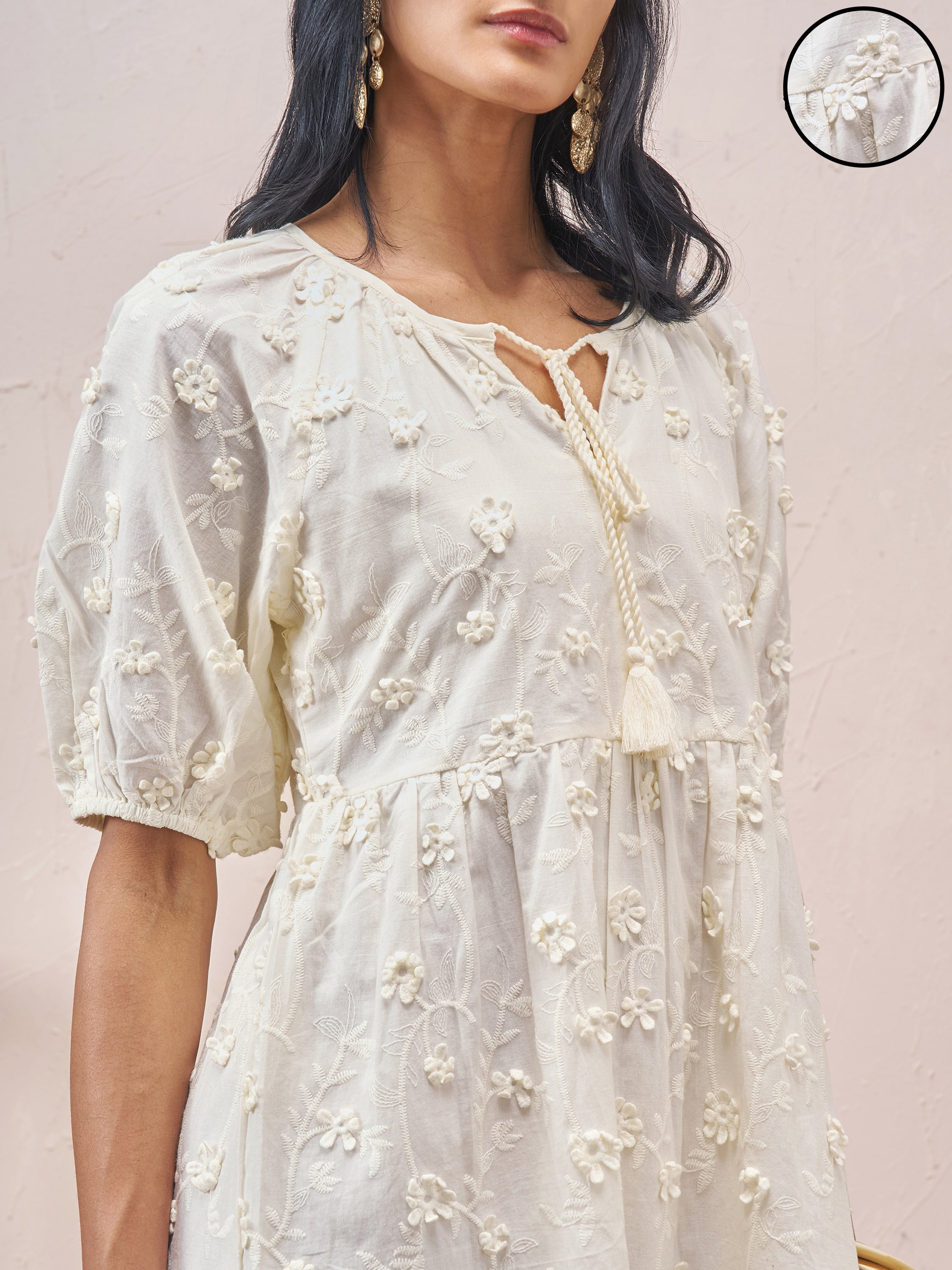 Vara By Vishudh Women White Embroidered A-Line Dress - White - Image 5